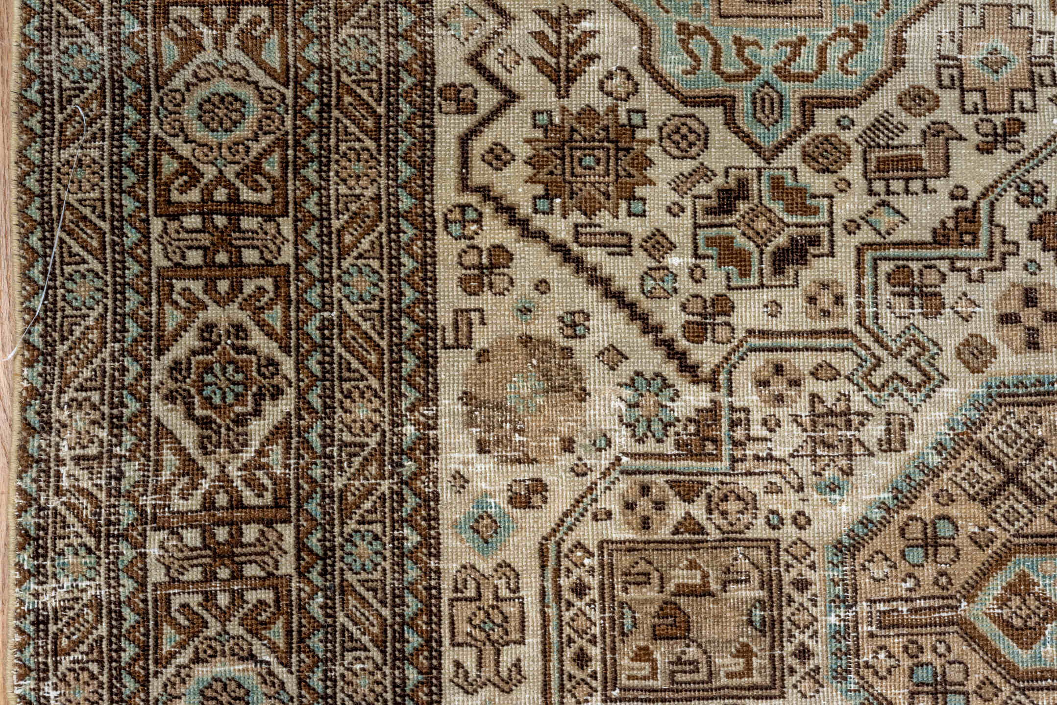 4' x 6' one-of-a-kind handmade vintage Ardebil small size rug. Color palette: ivory, brown, sky_blue, taupe, camel, charcoal
