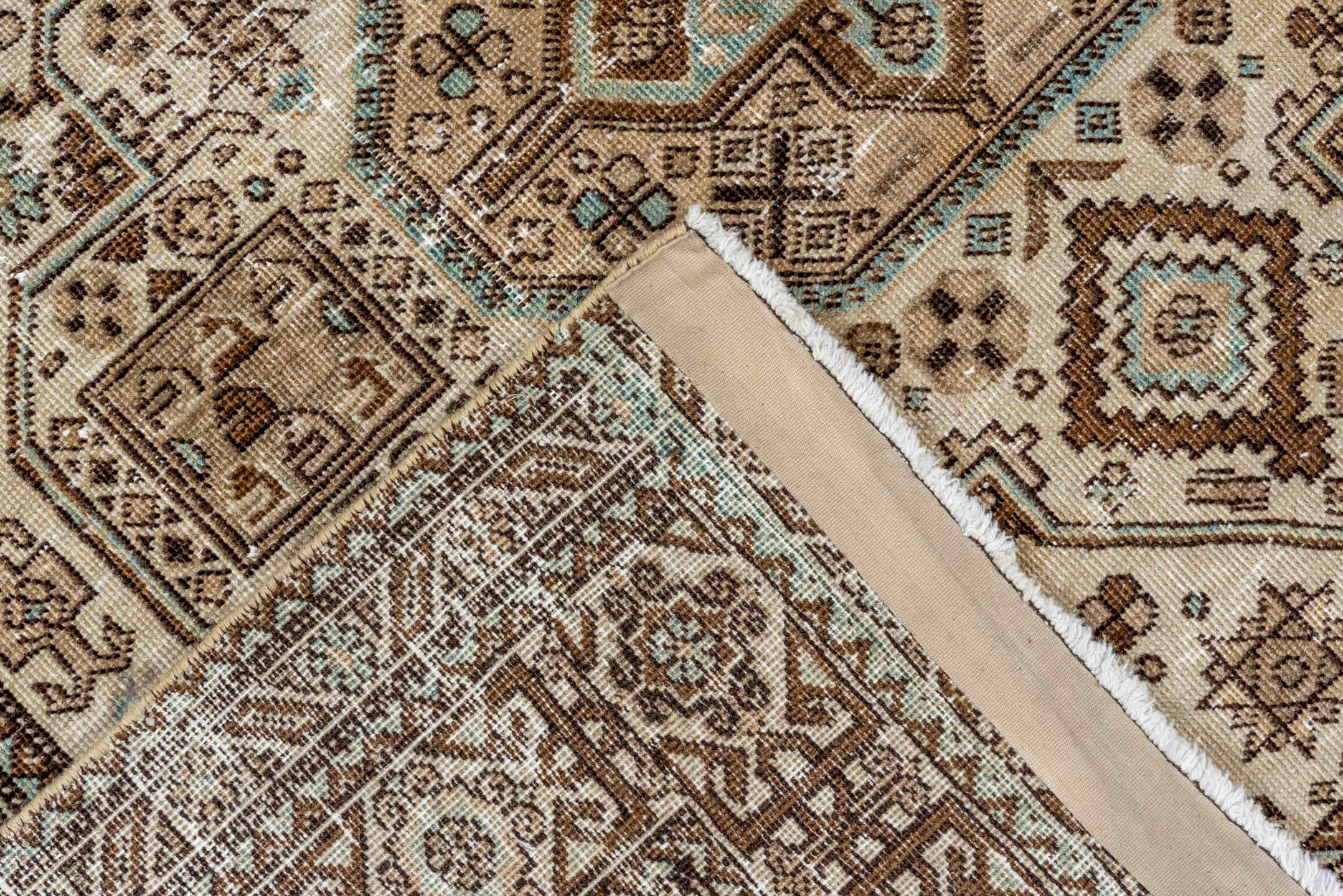 4' x 6' one-of-a-kind handmade vintage Ardebil small size rug. Color palette: ivory, brown, sky_blue, taupe, camel, charcoal