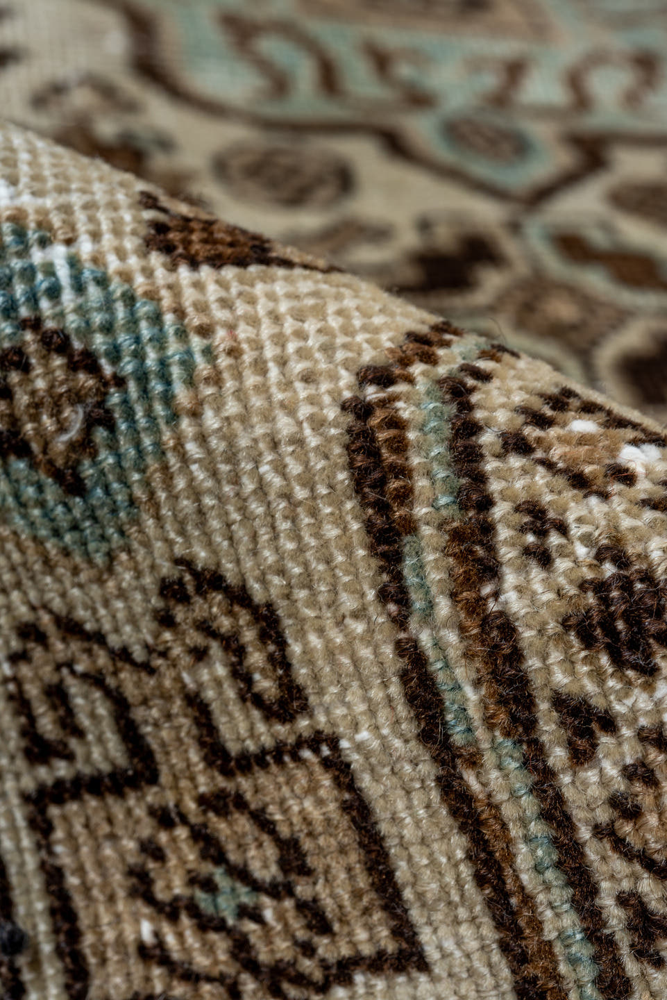 4' x 6' one-of-a-kind handmade vintage Ardebil small size rug. Color palette: ivory, brown, sky_blue, taupe, camel, charcoal