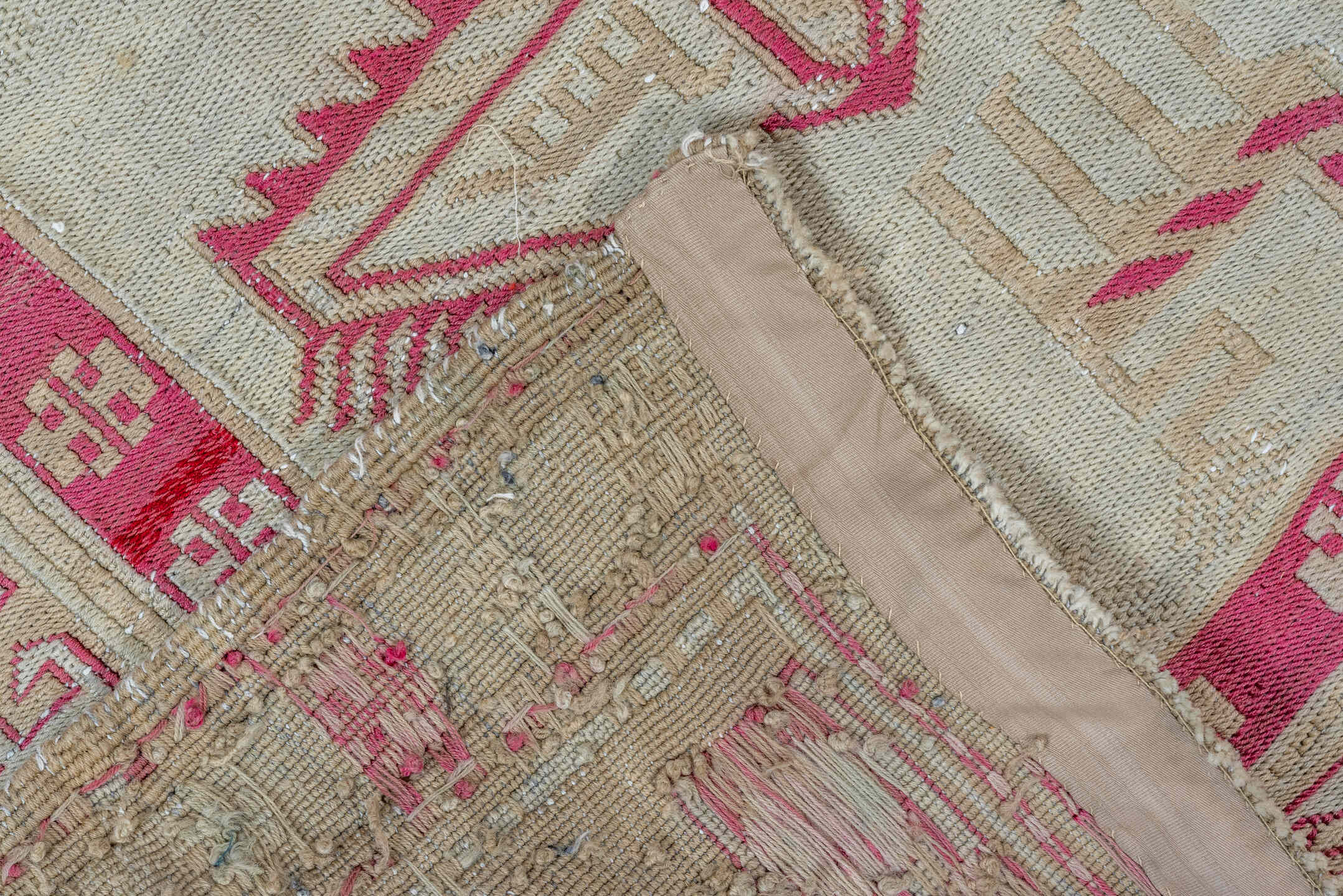3' x 4' one-of-a-kind handmade antique Sumak small size rug. Color palette: ivory, camel, raspberry, beige, rose, red, pink