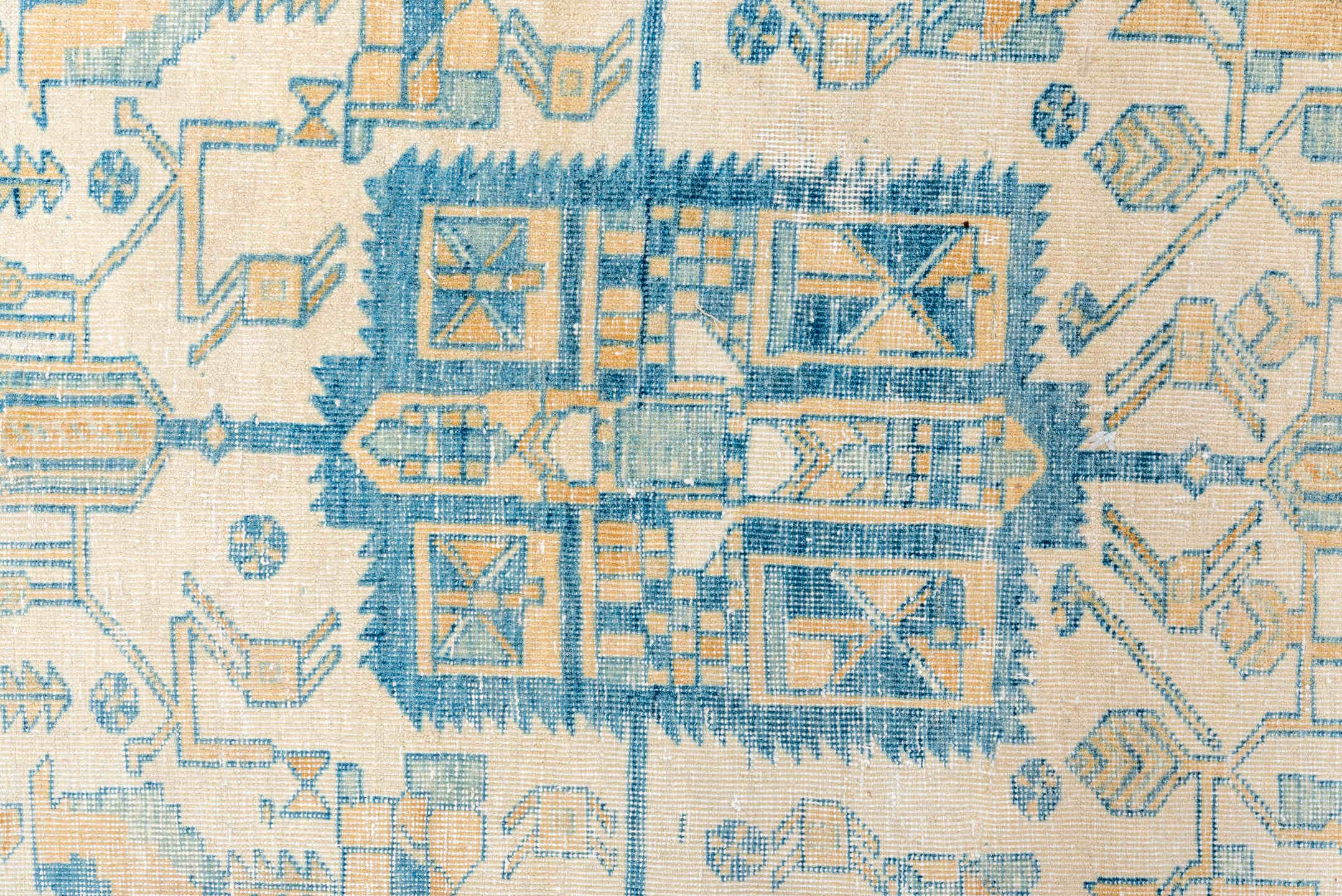5' x 6' one-of-a-kind handmade antique Afshar rug. Color palette: ivory, sky blue, sand, camel, beige, light blue
