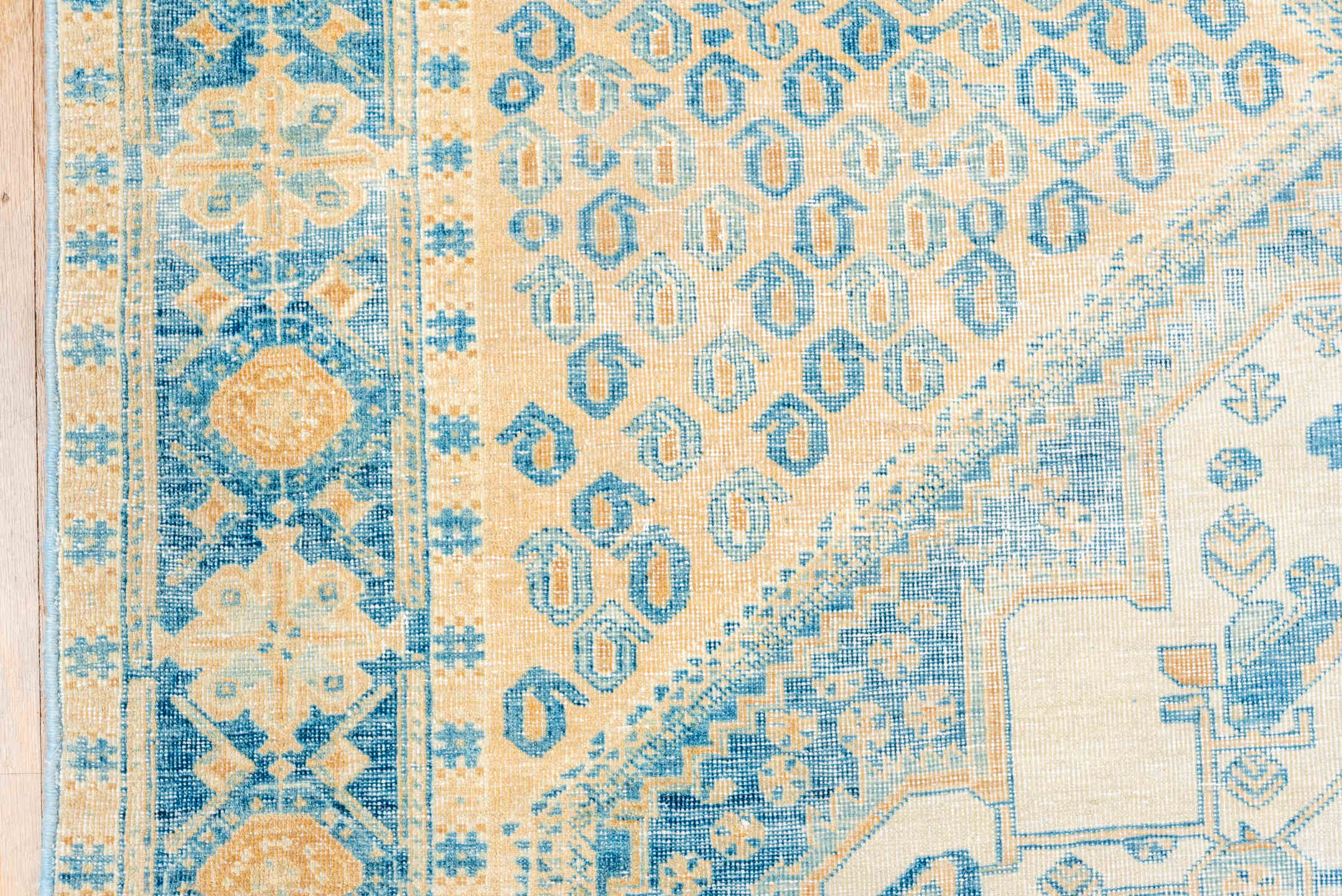 5' x 6' one-of-a-kind handmade antique Afshar rug. Color palette: ivory, sky blue, sand, camel, beige, light blue