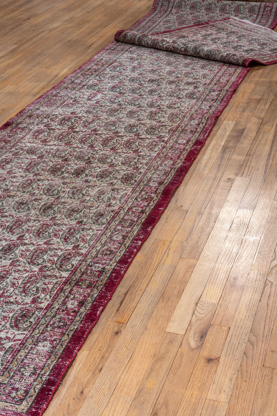 3' x 19' one-of-a-kind handmade antique Khorassan runner rug. Color palette: ivory, rose, burgundy, slate, taupe, sage, pink