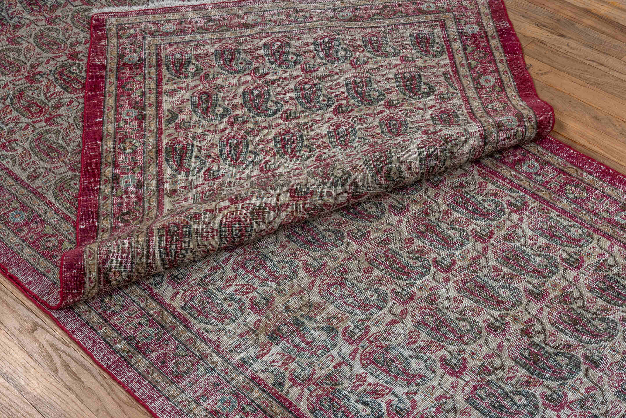 3' x 19' one-of-a-kind handmade antique Khorassan runner rug. Color palette: ivory, rose, burgundy, slate, taupe, sage, pink