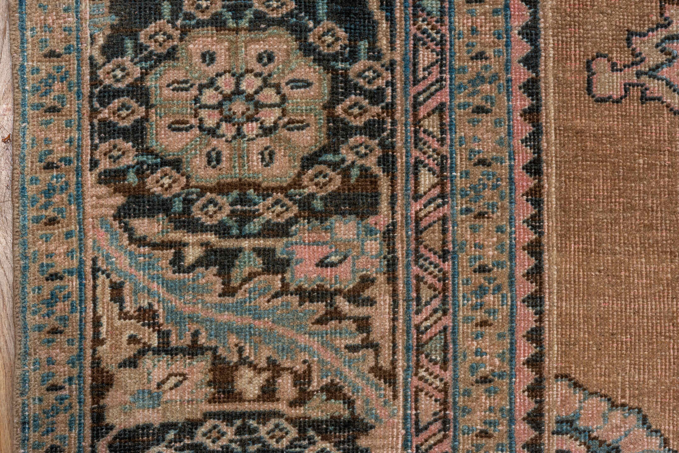 9' x 11' one-of-a-kind handmade antique Heriz large size rug. Color palette: camel, charcoal, ivory, pale blue, blush, taupe