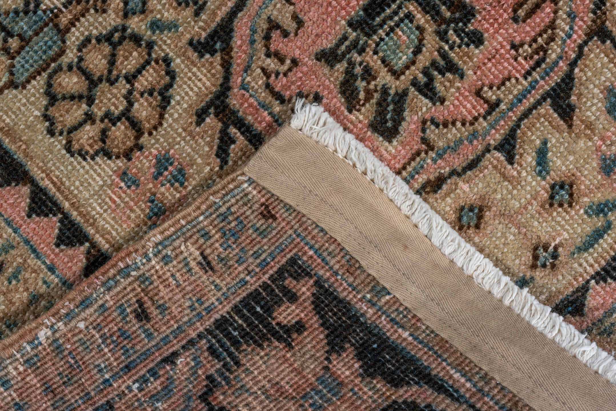 9' x 11' one-of-a-kind handmade antique Heriz large size rug. Color palette: camel, charcoal, ivory, pale blue, blush, taupe