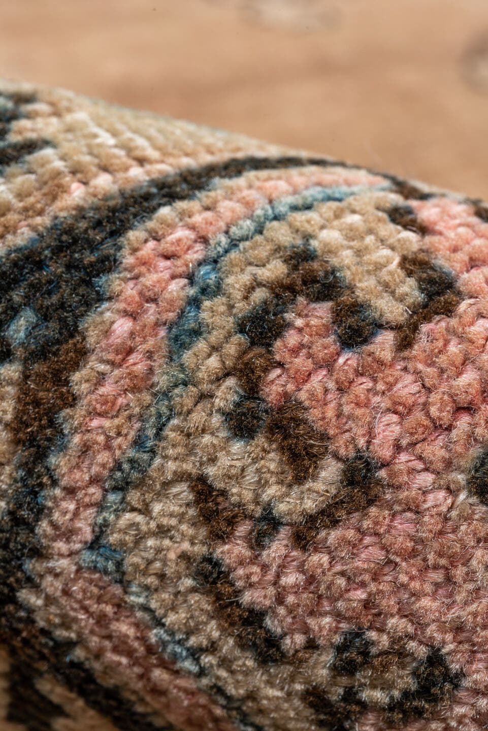 9' x 11' one-of-a-kind handmade antique Heriz large size rug. Color palette: camel, charcoal, ivory, pale blue, blush, taupe