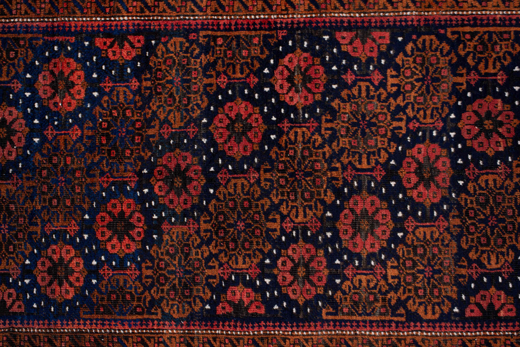 3' x 7' one-of-a-kind handmade vintage Belouch rug. Color palette: blue, brown, dim gray, gray, light gray, off-white