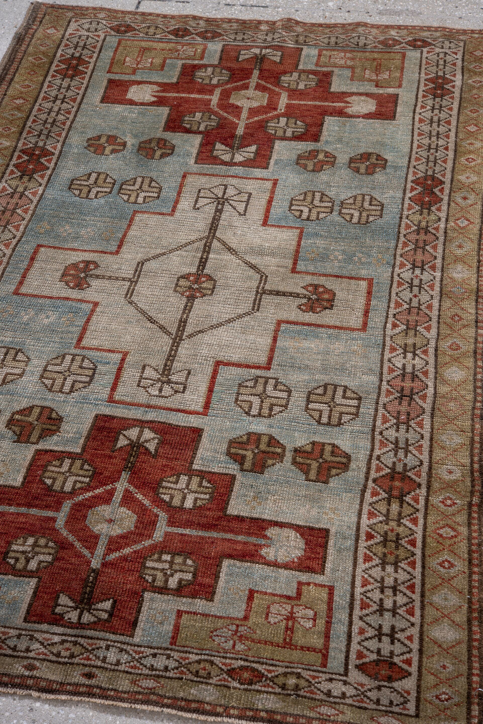 3' x 4' one-of-a-kind handmade antique Shirvan small size rug. Color palette: light blue, ivory, rust, camel, brown