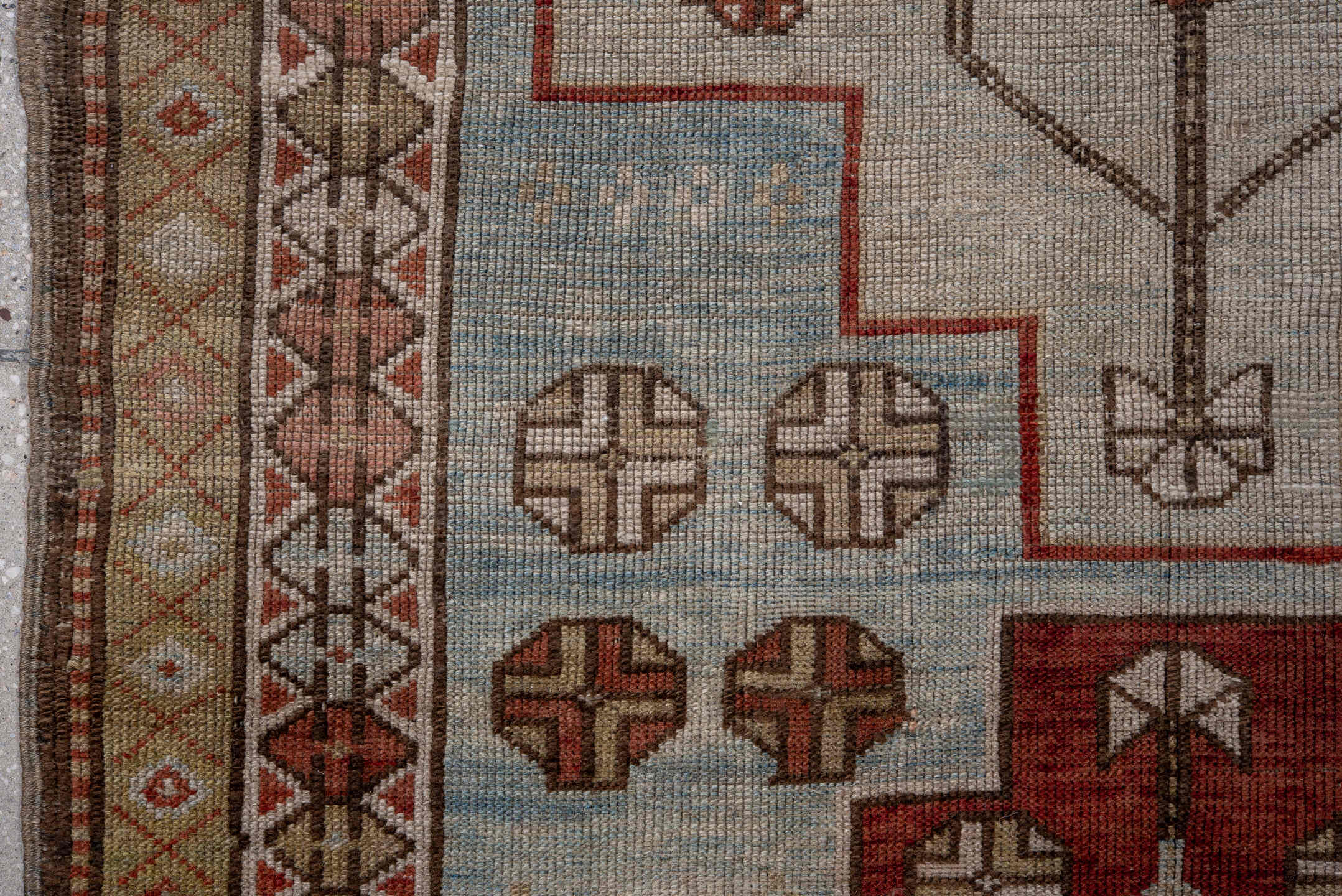 3' x 4' one-of-a-kind handmade antique Shirvan small size rug. Color palette: light blue, ivory, rust, camel, brown