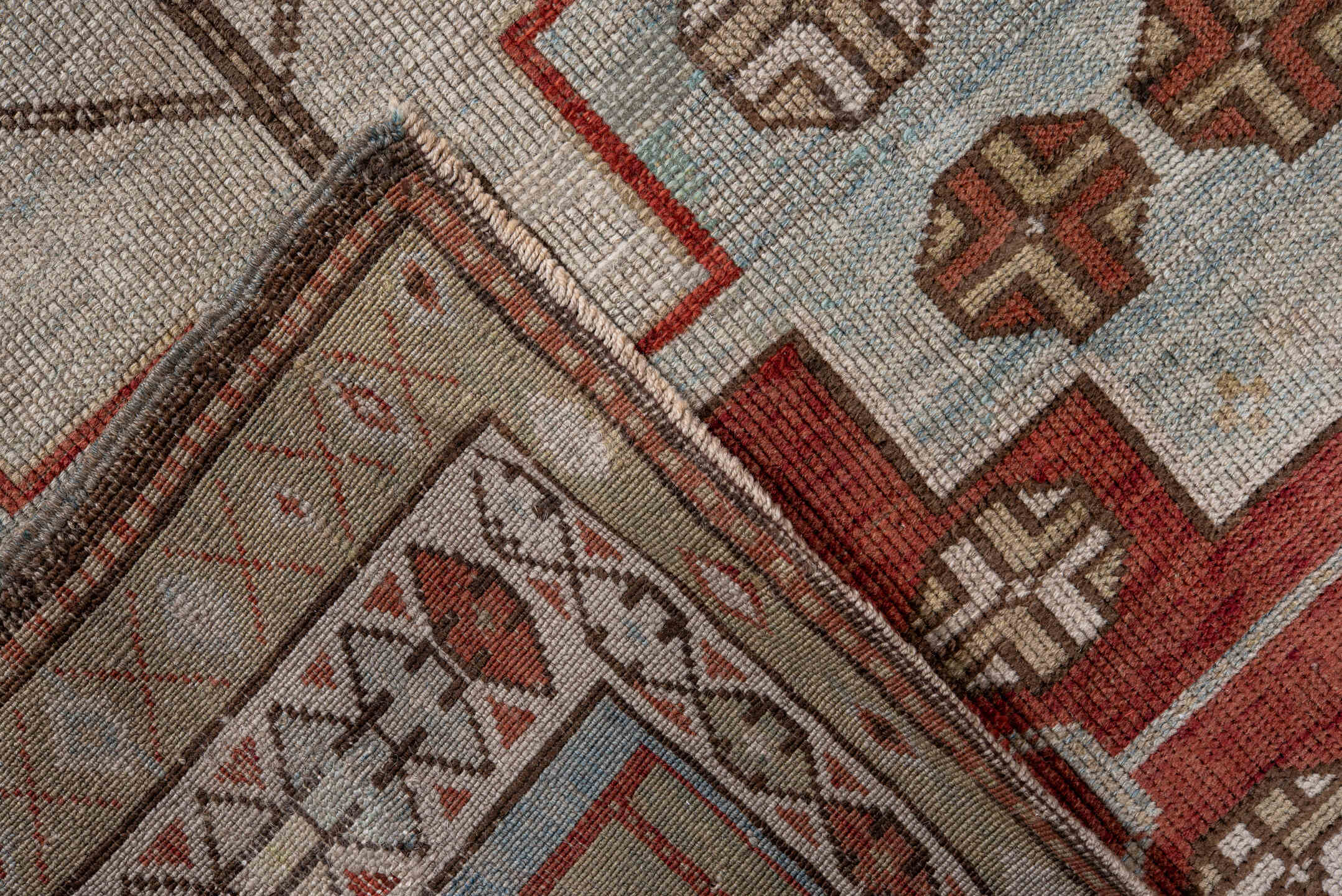 3' x 4' one-of-a-kind handmade antique Shirvan small size rug. Color palette: light blue, ivory, rust, camel, brown