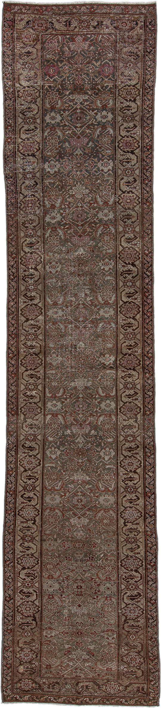 3' x 15' one-of-a-kind handmade vintage Malayer runner rug. Color palette: taupe, brown, rust, ivory, charcoal, rose, camel