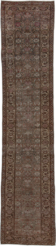 3' x 15' one-of-a-kind handmade vintage Malayer runner rug. Color palette: taupe, brown, rust, ivory, charcoal, rose, camel