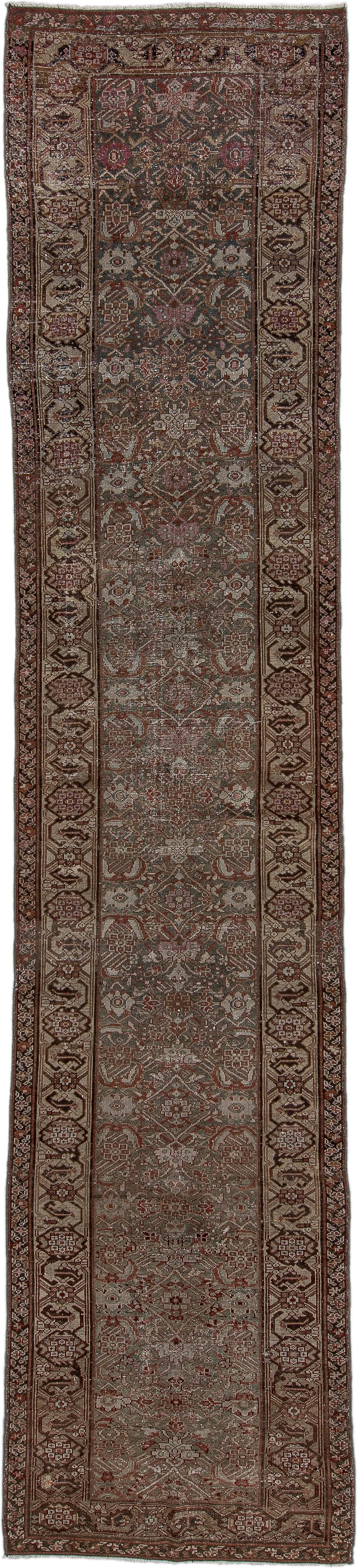 3' x 15' one-of-a-kind handmade vintage Malayer runner rug. Color palette: taupe, brown, rust, ivory, charcoal, rose, camel