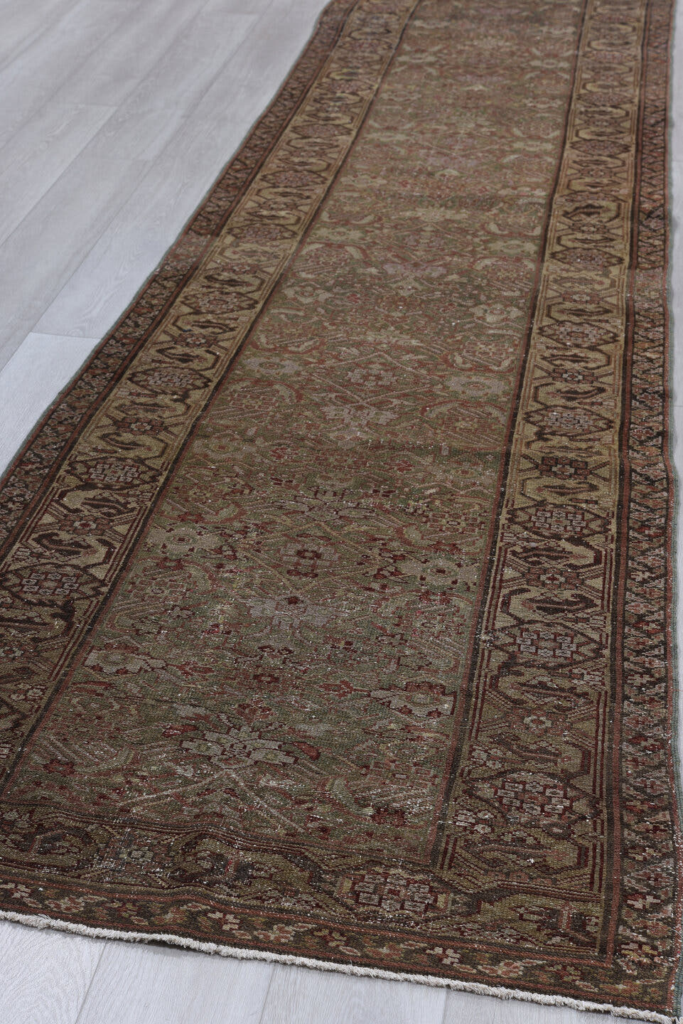 3' x 15' one-of-a-kind handmade vintage Malayer runner rug. Color palette: taupe, brown, rust, ivory, charcoal, rose, camel