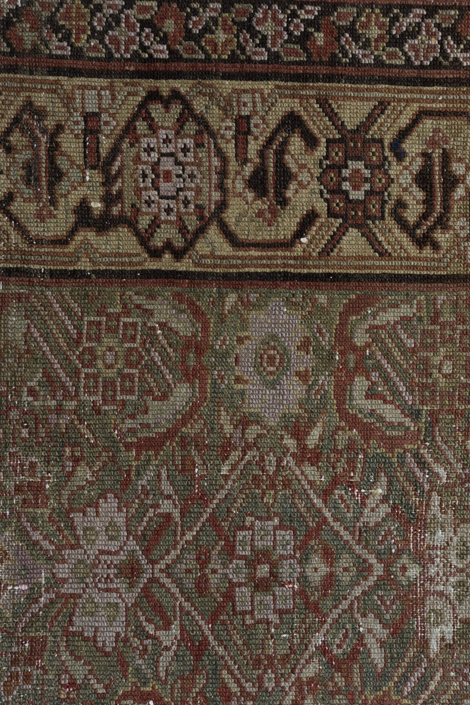 3' x 15' one-of-a-kind handmade vintage Malayer runner rug. Color palette: taupe, brown, rust, ivory, charcoal, rose, camel