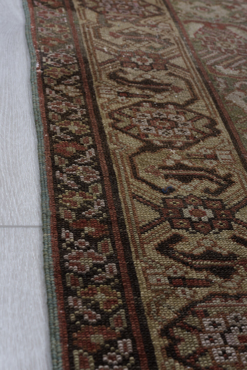 3' x 15' one-of-a-kind handmade vintage Malayer runner rug. Color palette: taupe, brown, rust, ivory, charcoal, rose, camel