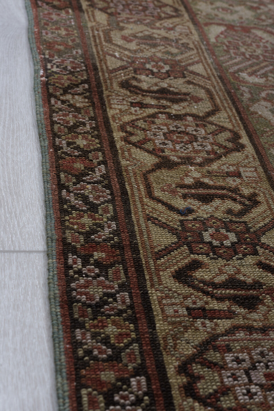 3' x 15' one-of-a-kind handmade vintage Malayer runner rug. Color palette: taupe, brown, rust, ivory, charcoal, rose, camel