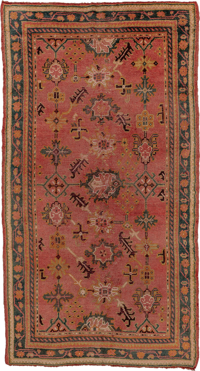 4' x 8' one-of-a-kind handmade vintage Oushak rug. Color palette: rose, charcoal, ivory, gold, olive, rust, taupe, pink, red