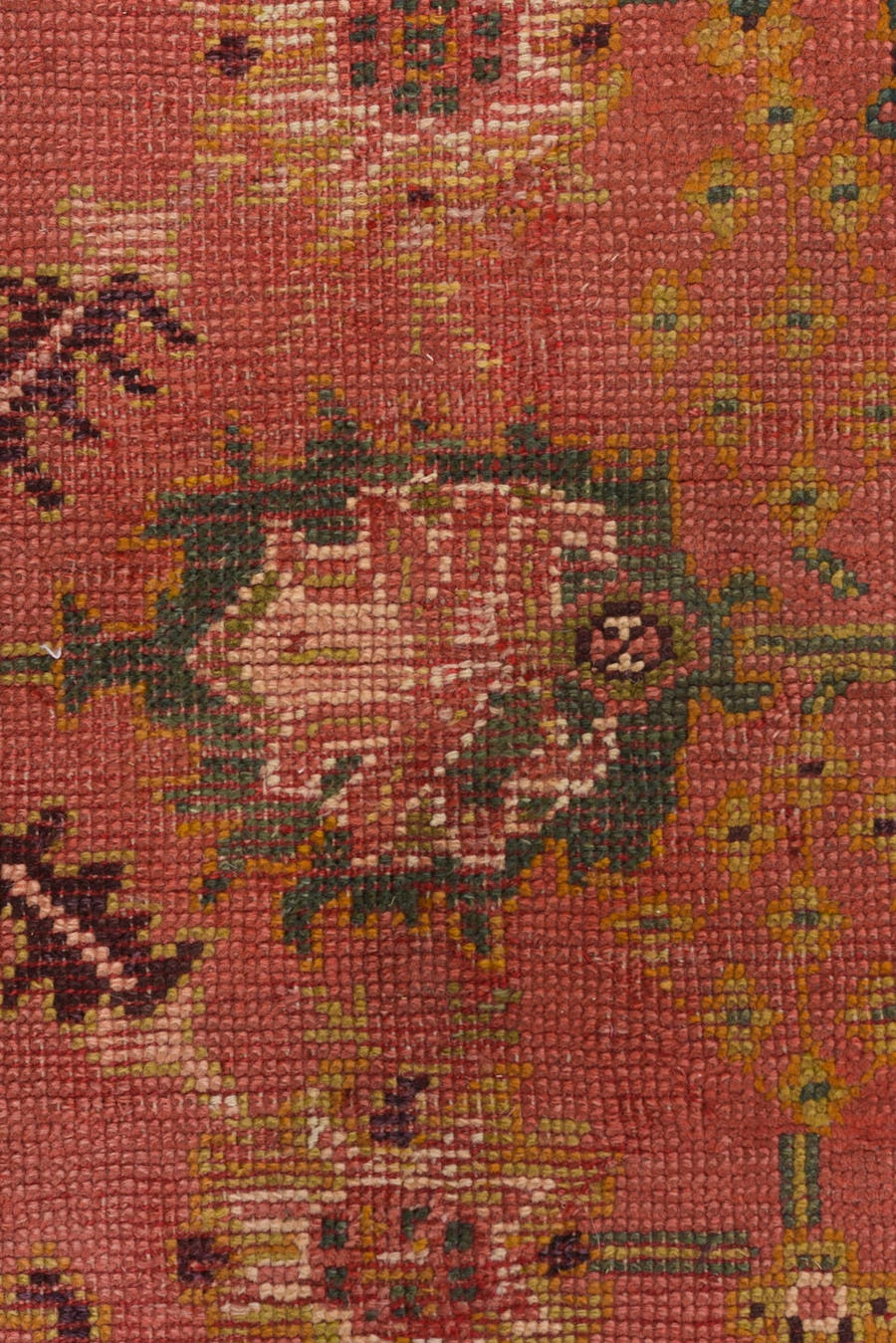 4' x 8' one-of-a-kind handmade vintage Oushak rug. Color palette: rose, charcoal, ivory, gold, olive, rust, taupe, pink, red
