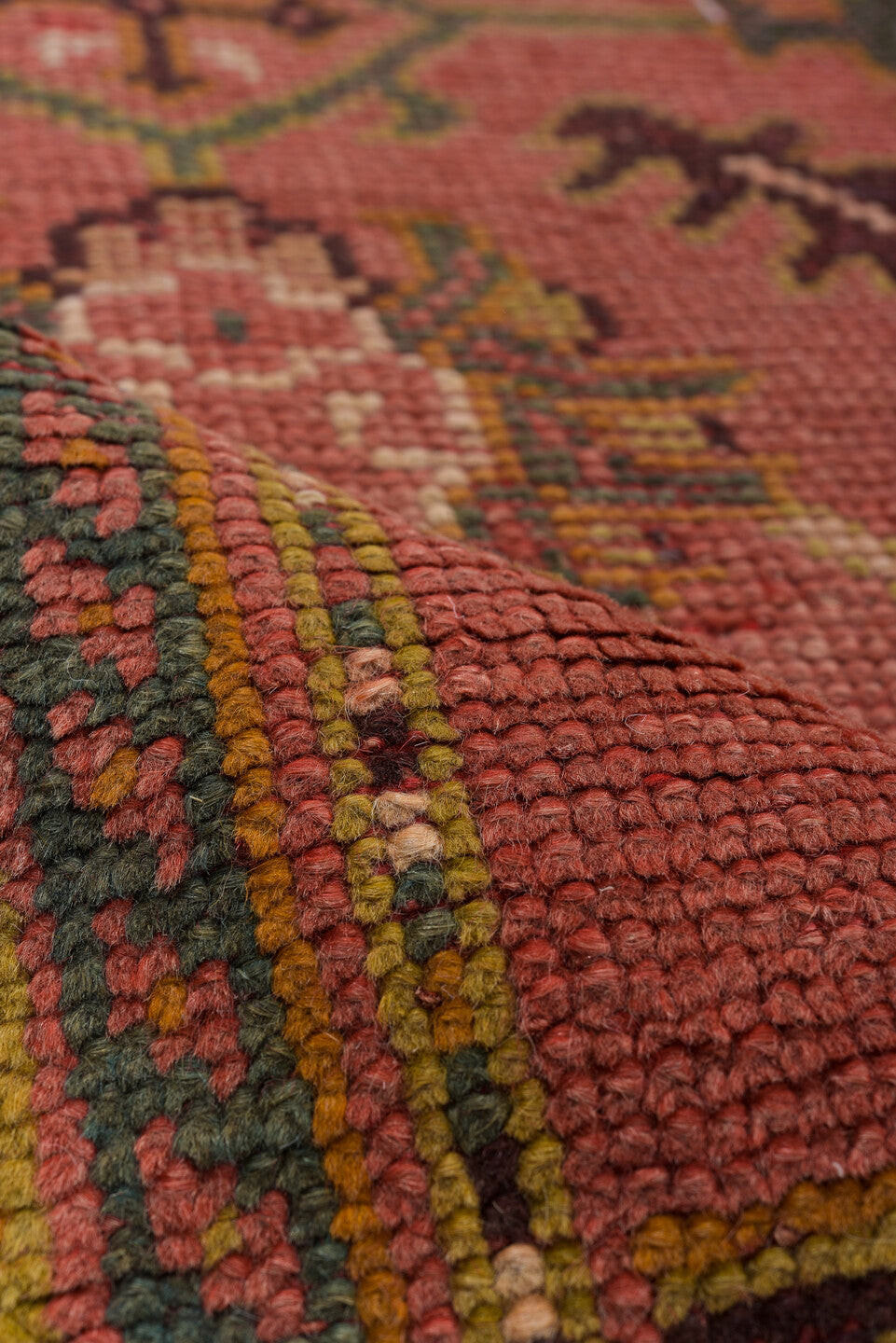 4' x 8' one-of-a-kind handmade vintage Oushak rug. Color palette: brown, burlywood, gray, off-white, orange, peru, pink, red