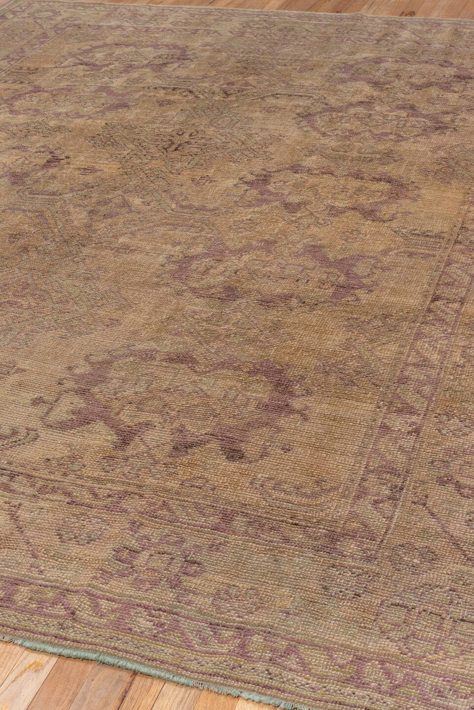 8' x 11' one-of-a-kind handmade vintage Oushak large size rug. Color palette: brown, gray, light gray, pink, redwood