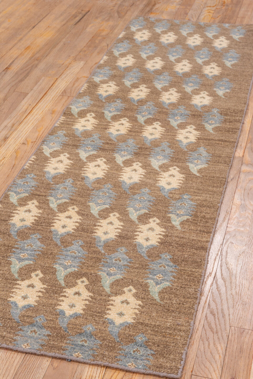 2' x 6' one-of-a-kind handmade vintage Botteh runner rug. Color palette: taupe, ivory, pale blue, brown, beige, gray