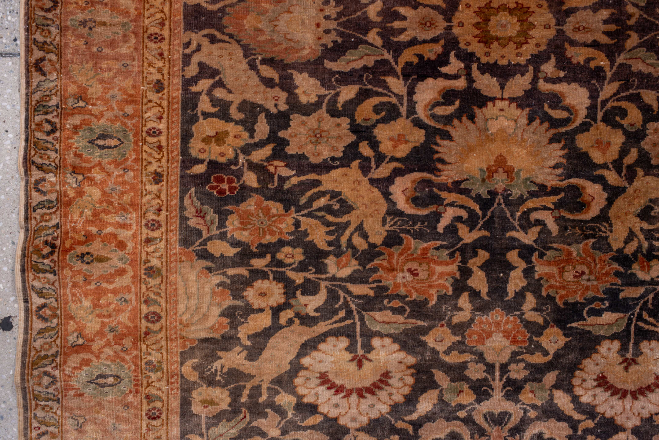 4' x 6' one-of-a-kind handmade antique Kaisary small size rug. Color palette: brown, terra cotta, camel, ivory, taupe, sage