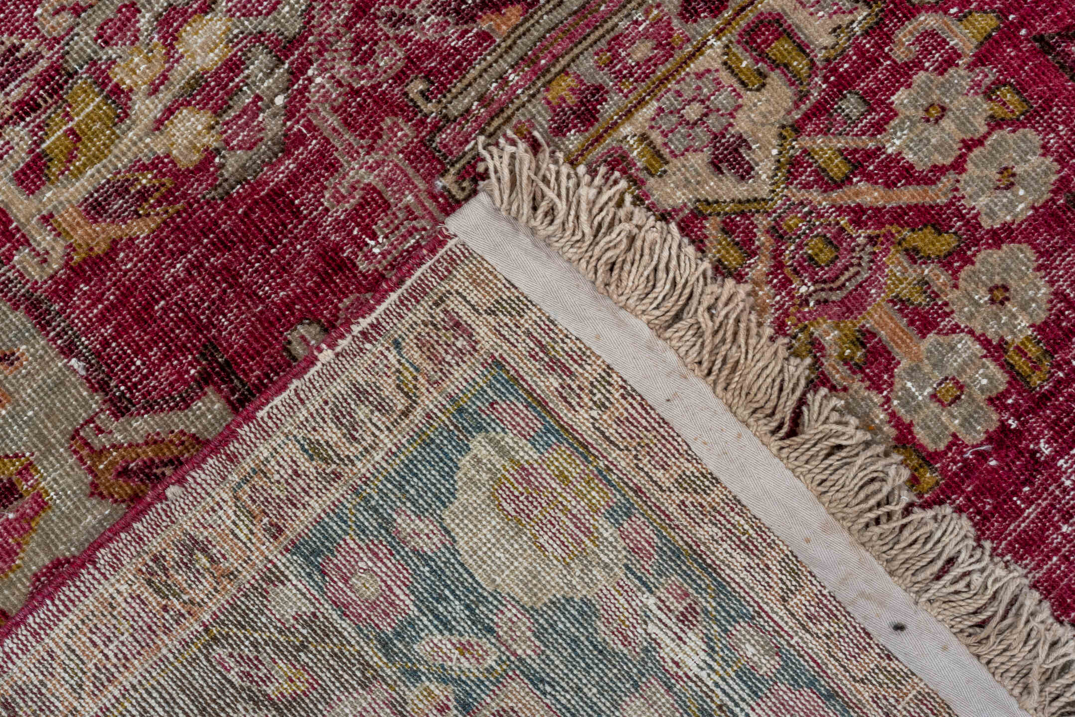 4' x 7' one-of-a-kind handmade antique Sivas rug. Color palette: rose, ivory, crimson, charcoal, dusty blue, taupe, pink