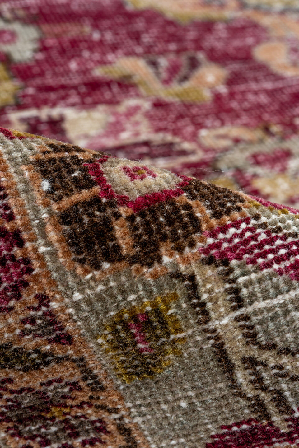 4' x 7' one-of-a-kind handmade antique Sivas rug. Color palette: rose, ivory, crimson, charcoal, dusty blue, taupe, pink