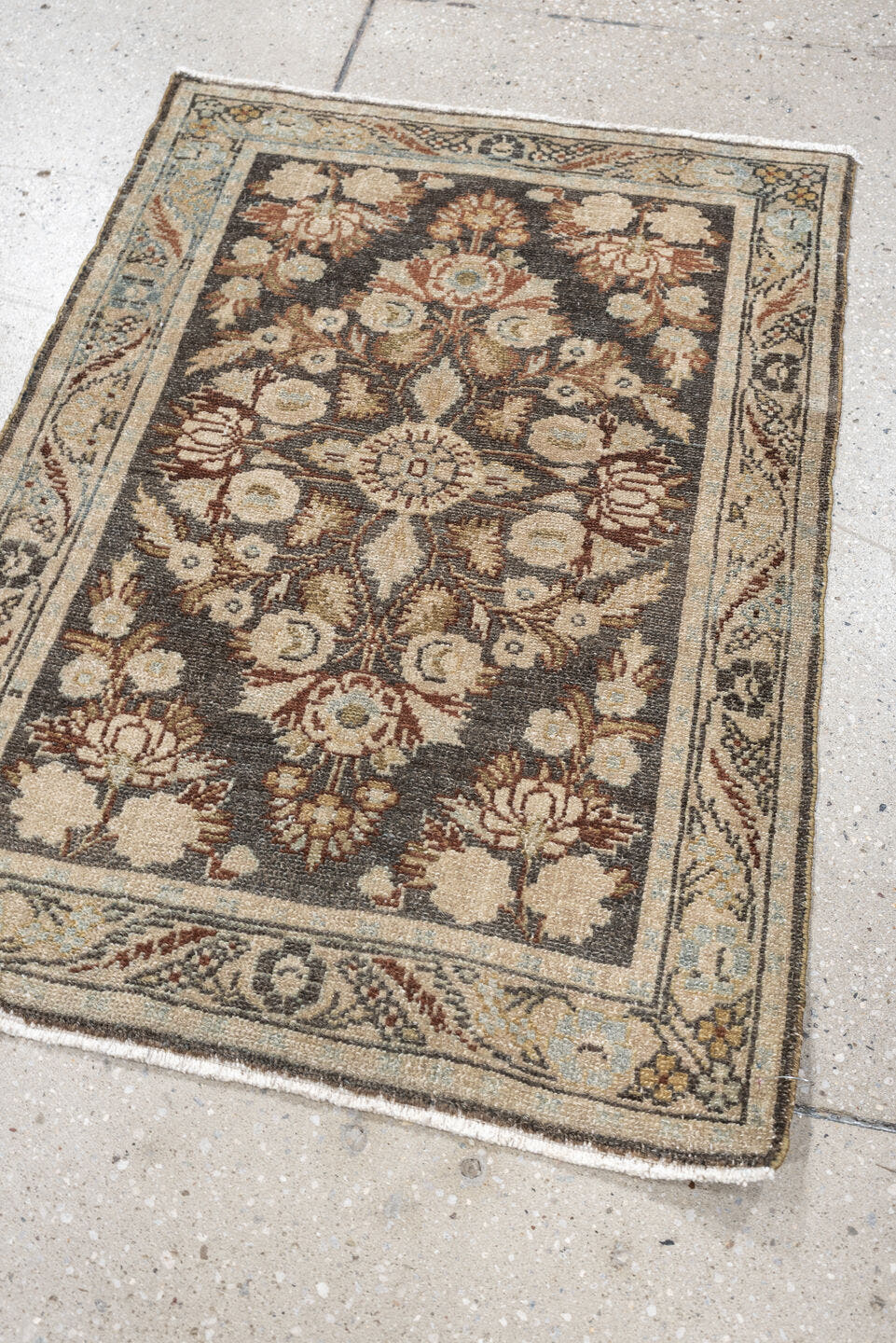 2' x 3' one-of-a-kind handmade vintage Dargazin small size rug. Color palette: charcoal, ivory, pale blue, taupe, rust