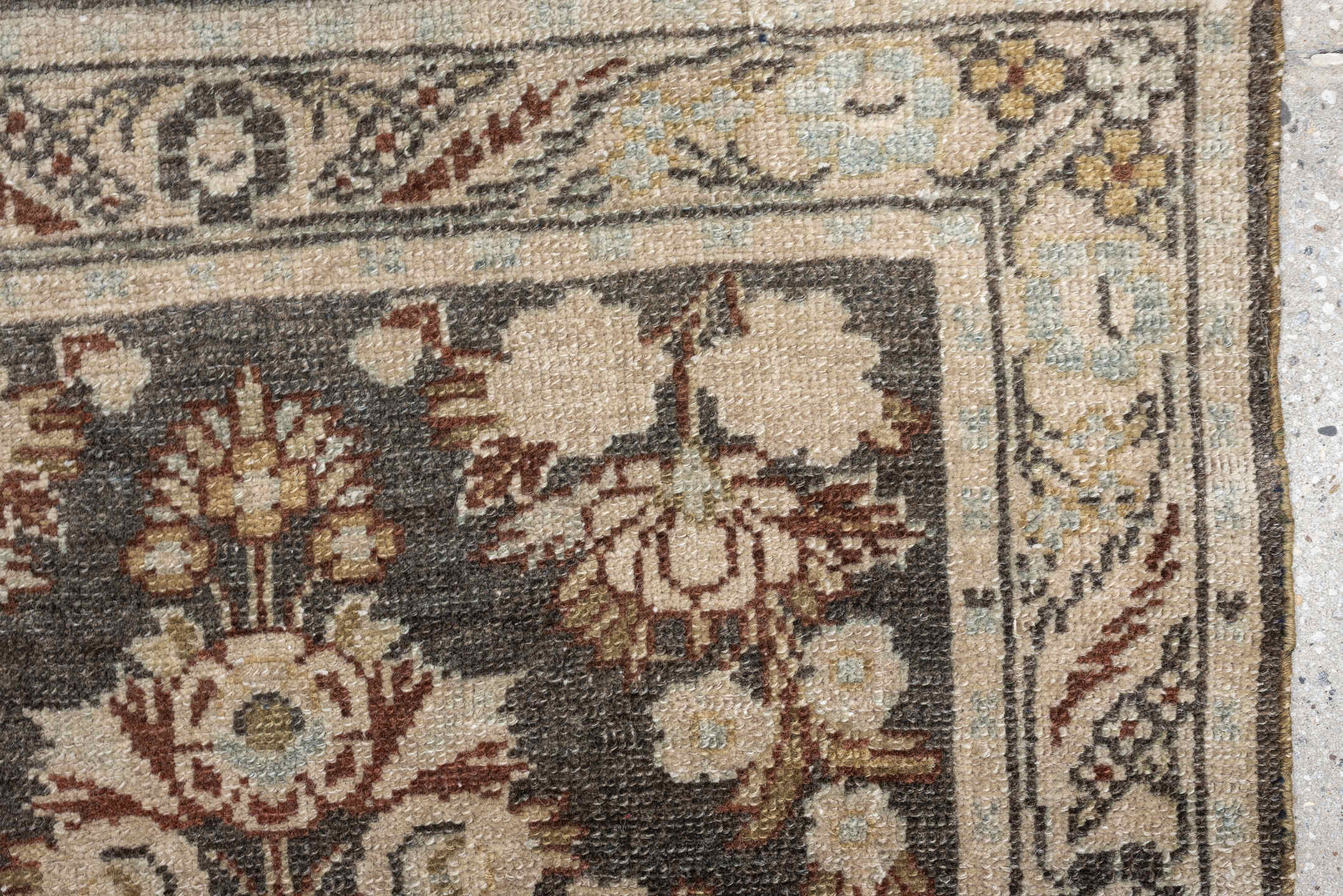 2' x 3' one-of-a-kind handmade vintage Dargazin small size rug. Color palette: charcoal, ivory, pale blue, taupe, rust