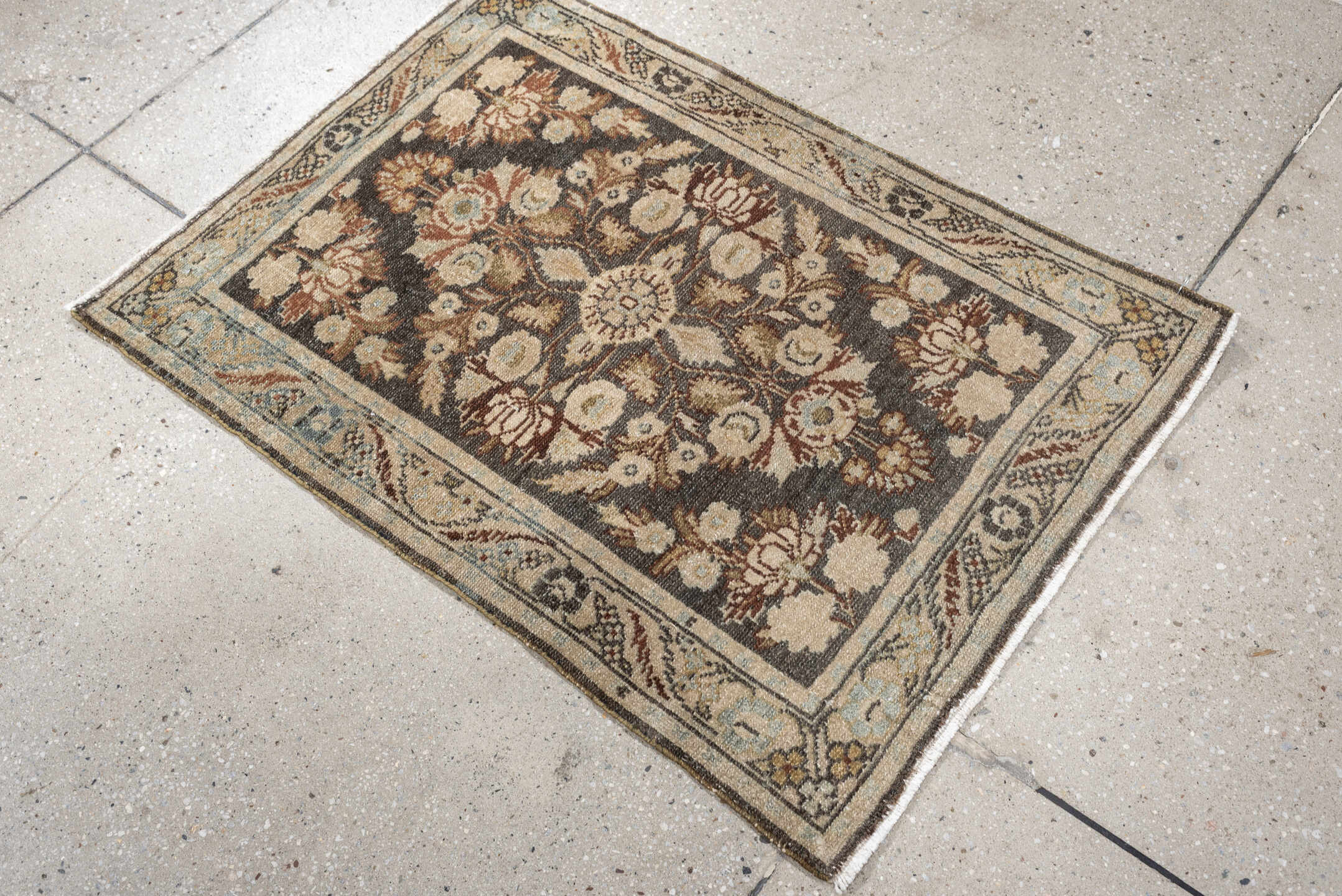 2' x 3' one-of-a-kind handmade vintage Dargazin small size rug. Color palette: charcoal, ivory, pale blue, taupe, rust