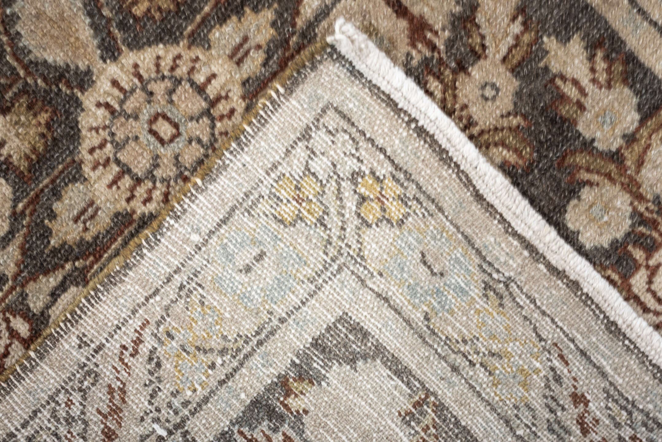 2' x 3' one-of-a-kind handmade vintage Dargazin small size rug. Color palette: charcoal, ivory, pale blue, taupe, rust