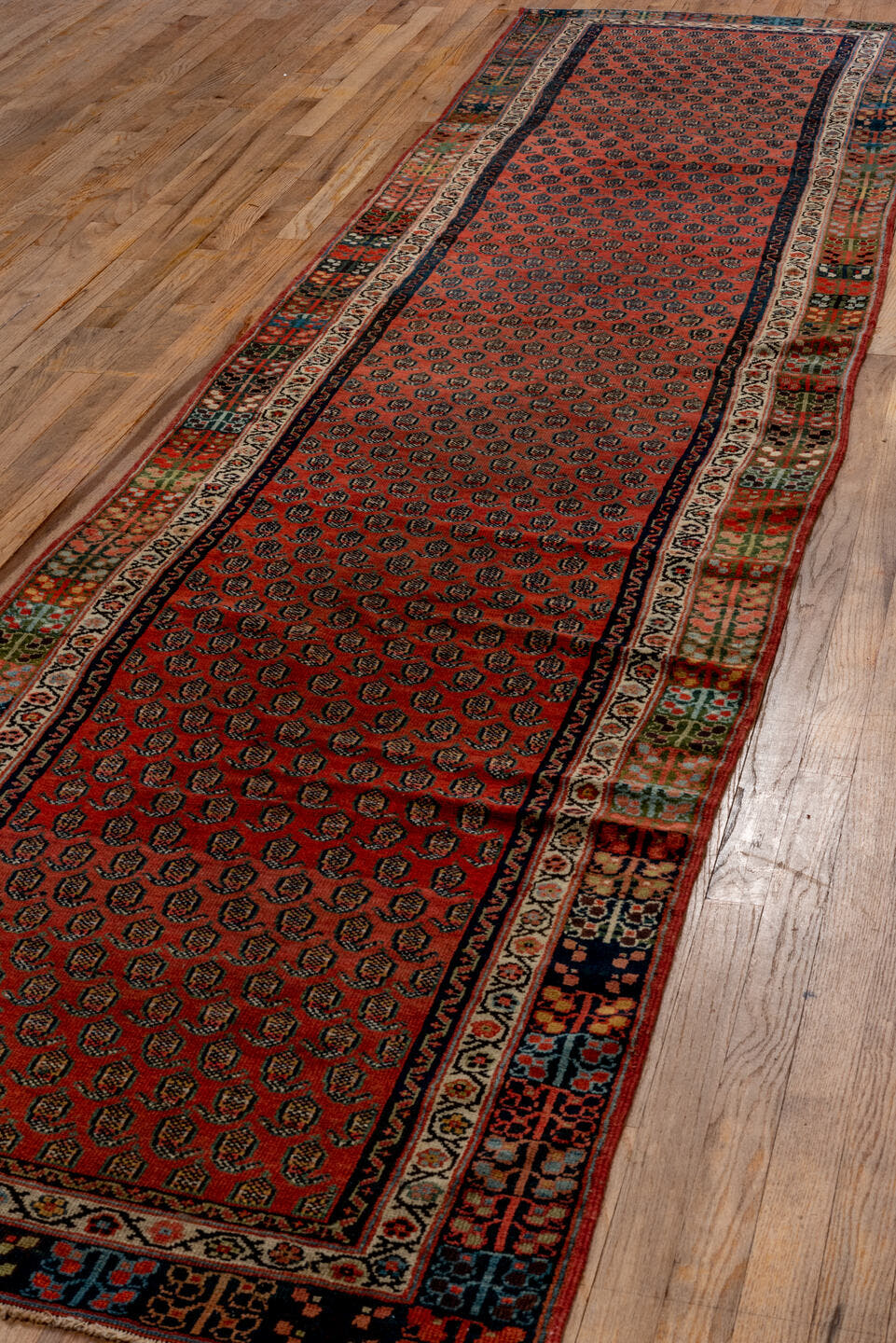 3' x 13' one-of-a-kind handmade antique Malayer runner rug. Color palette: rust, navy, ivory, camel, terracotta, charcoal