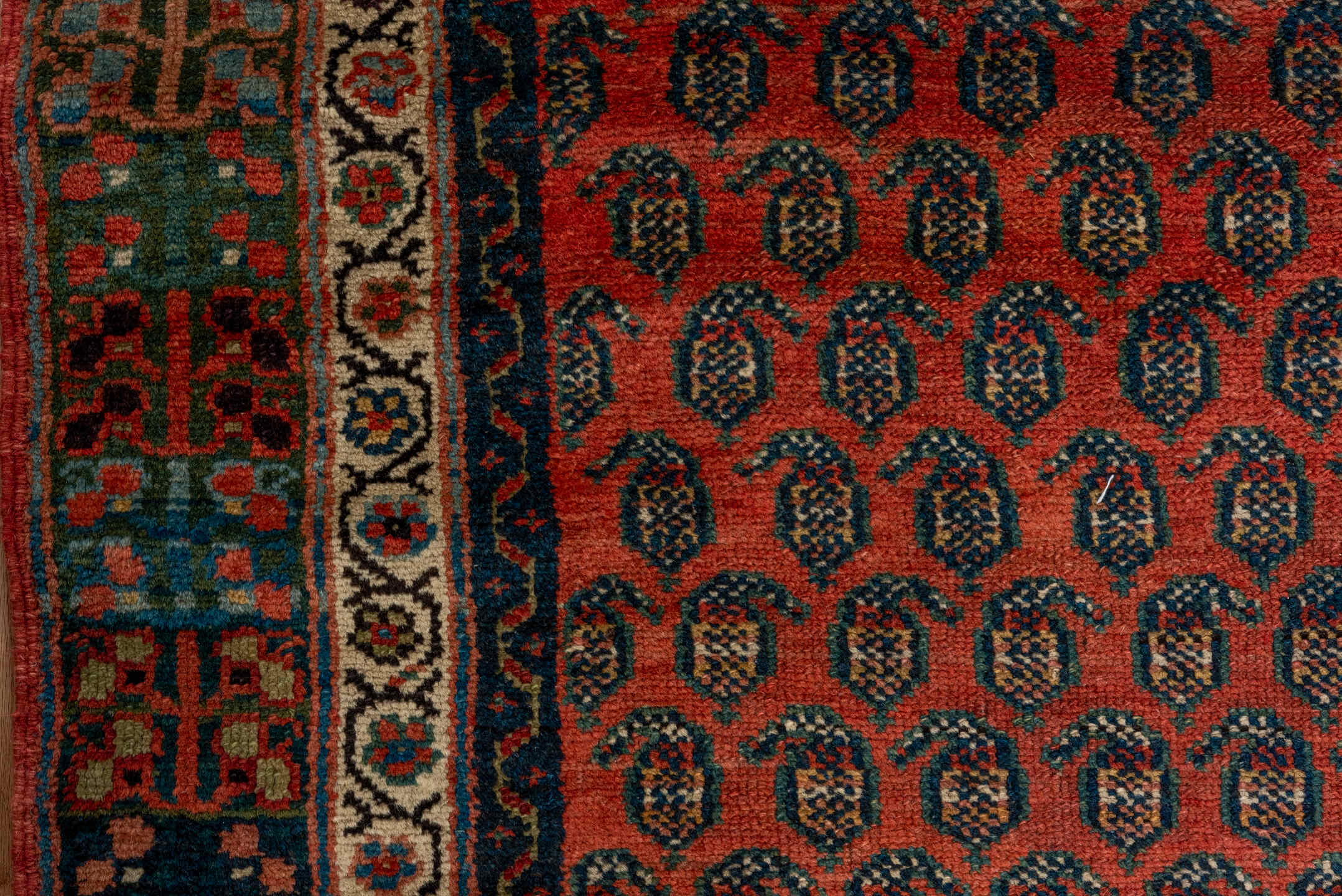 3' x 13' one-of-a-kind handmade antique Malayer runner rug. Color palette: rust, navy, ivory, camel, terracotta, charcoal