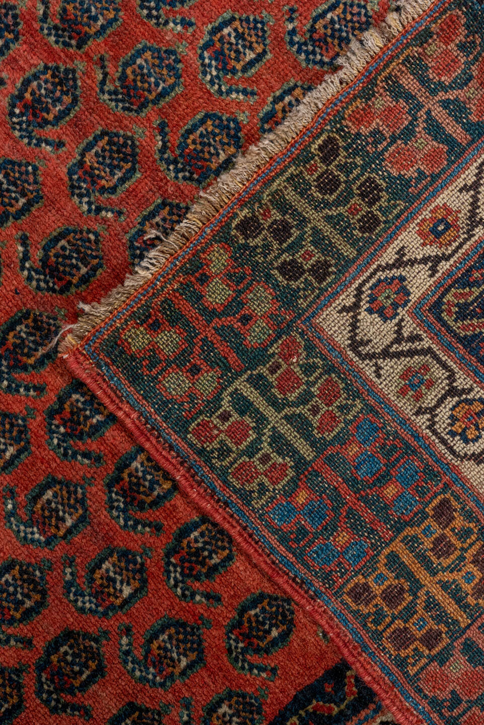 3' x 13' one-of-a-kind handmade antique Malayer runner rug. Color palette: rust, navy, ivory, camel, terracotta, charcoal