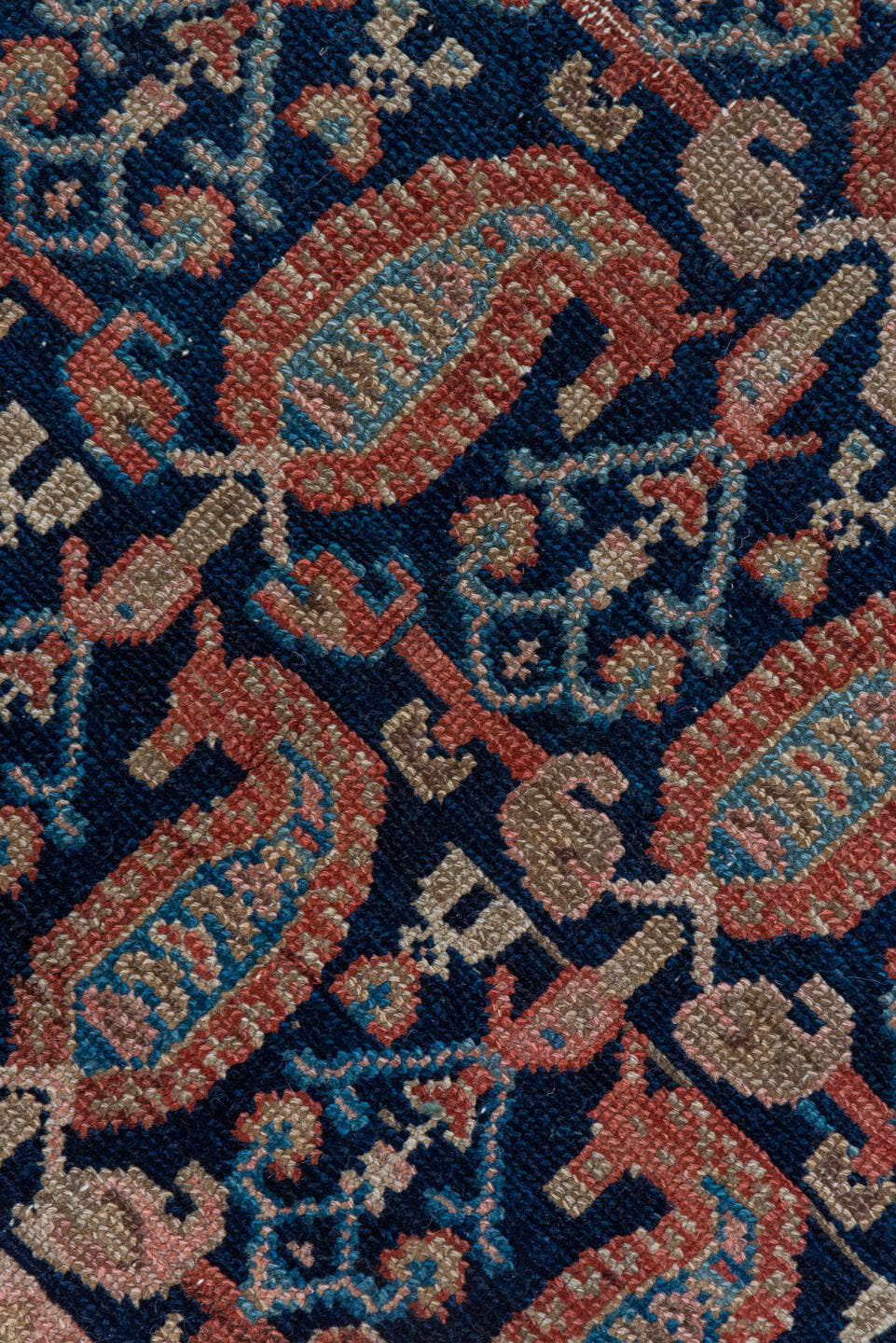 4' x 5' one-of-a-kind handmade vintage Malayer small size rug. Color palette: ivory, navy, rust, blue, camel, rose