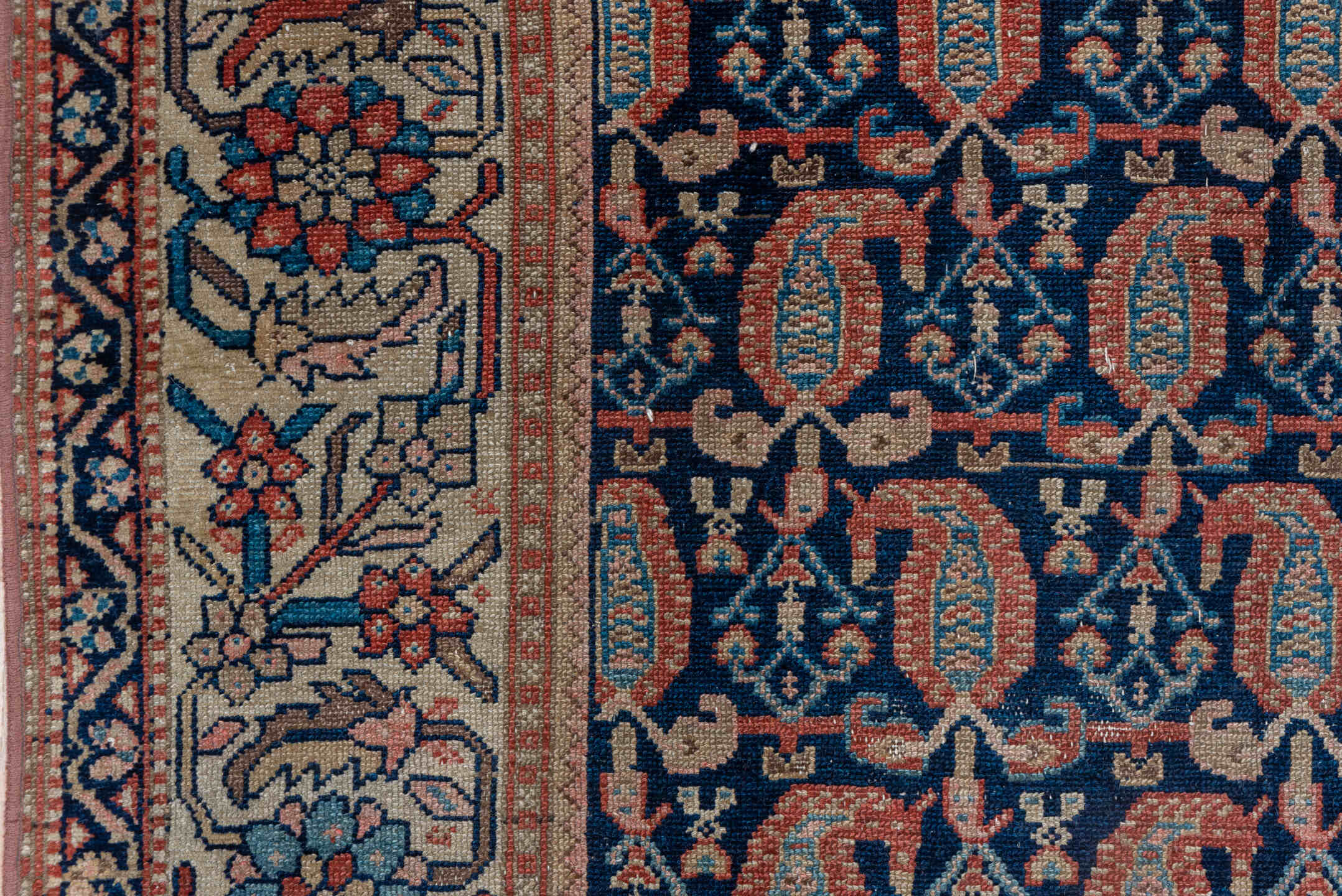 4' x 5' one-of-a-kind handmade vintage Malayer small size rug. Color palette: ivory, navy, rust, blue, camel, rose
