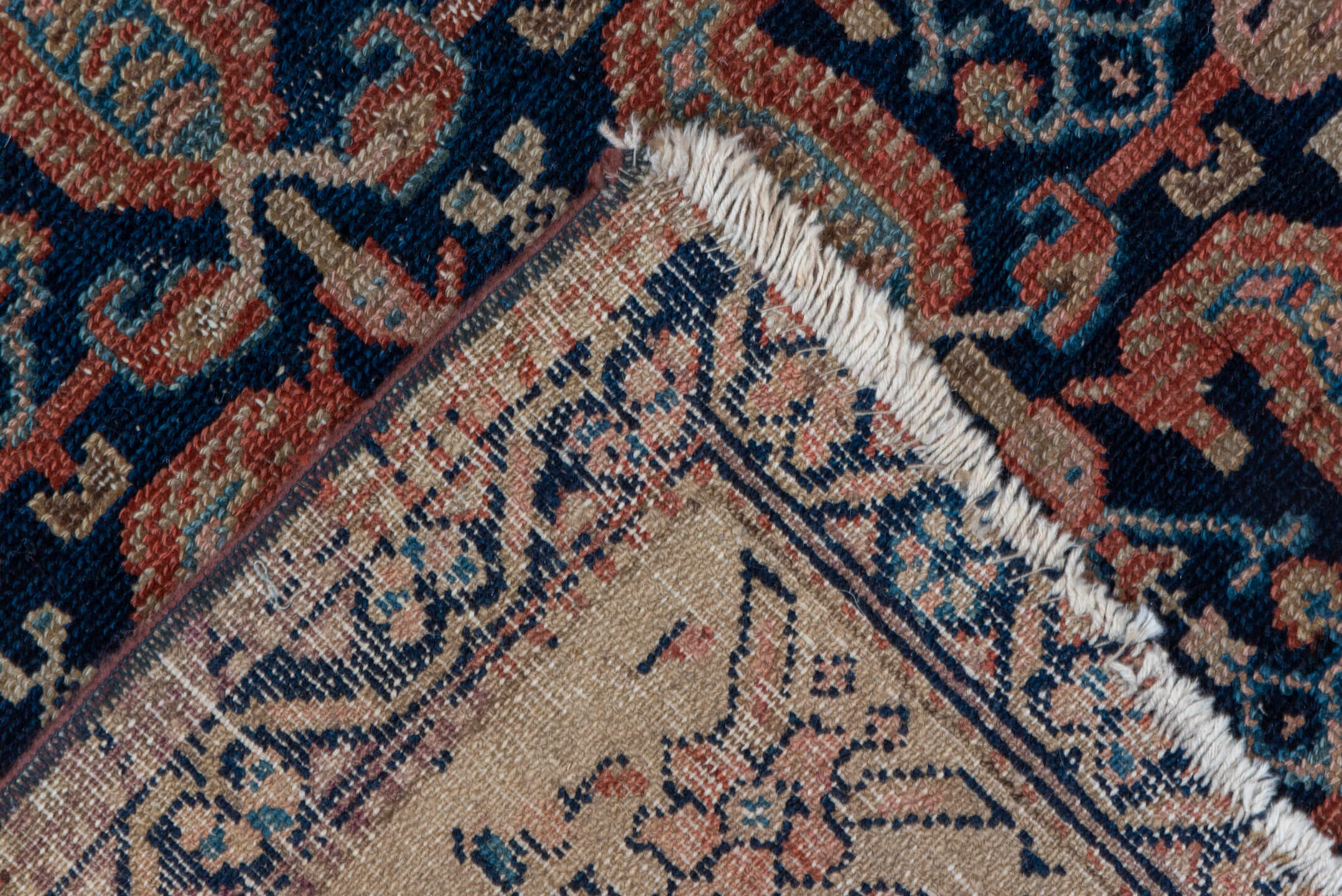 4' x 5' one-of-a-kind handmade vintage Malayer small size rug. Color palette: ivory, navy, rust, blue, camel, rose
