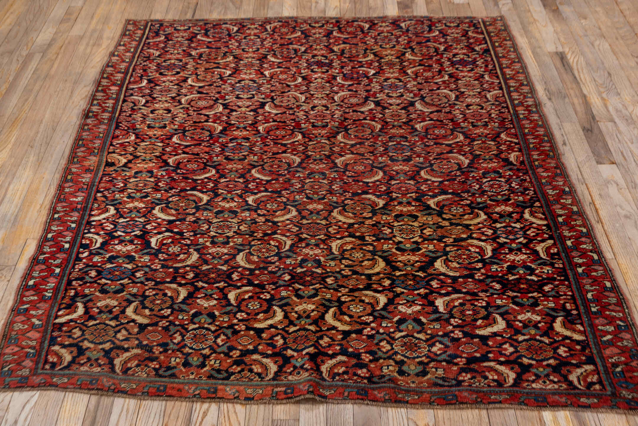 4' x 6' one-of-a-kind handmade vintage Bidjar small size rug. Color palette: rust, ivory, navy, rose, charcoal, terra cotta