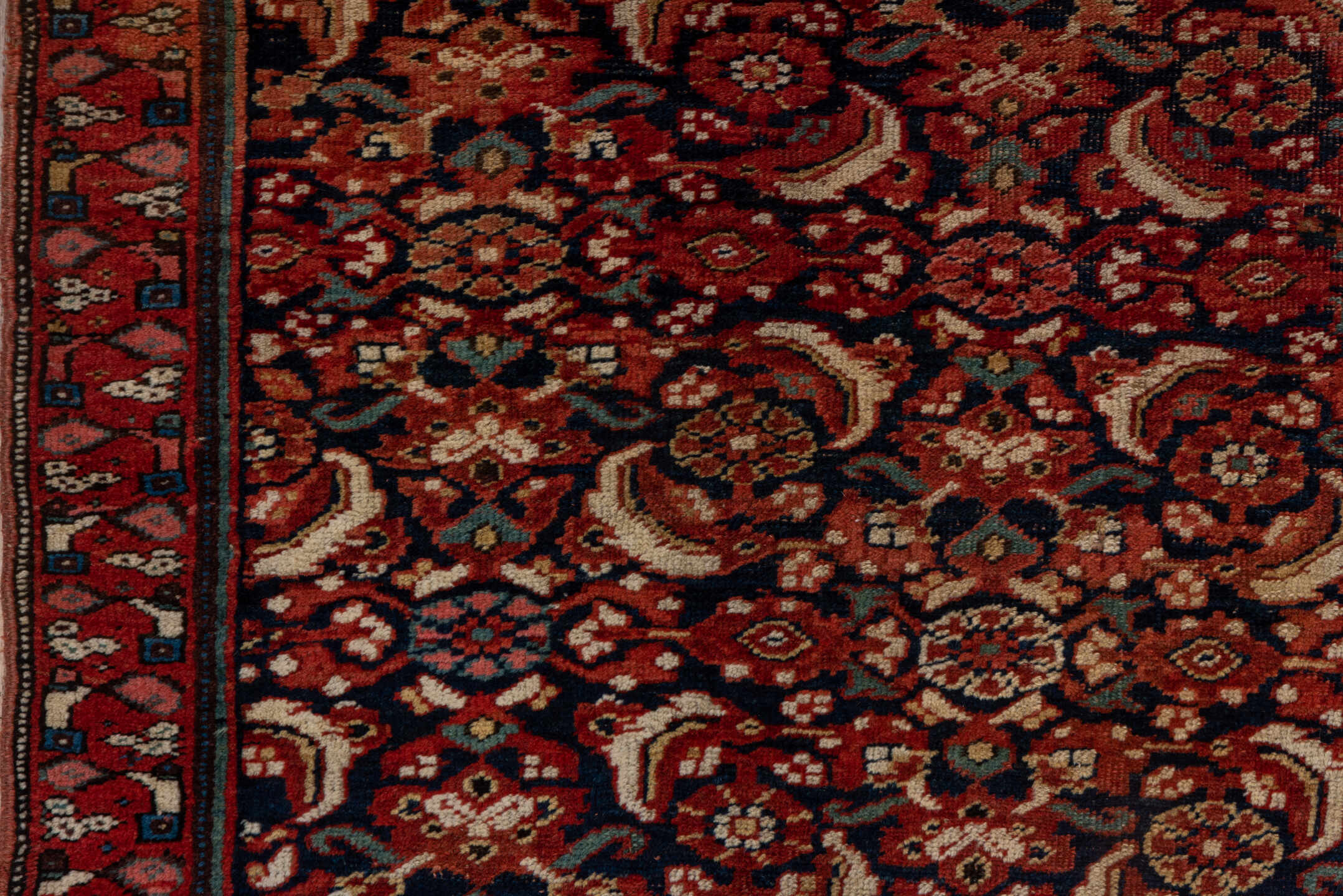 4' x 6' one-of-a-kind handmade vintage Bidjar small size rug. Color palette: rust, ivory, navy, rose, charcoal, terra cotta