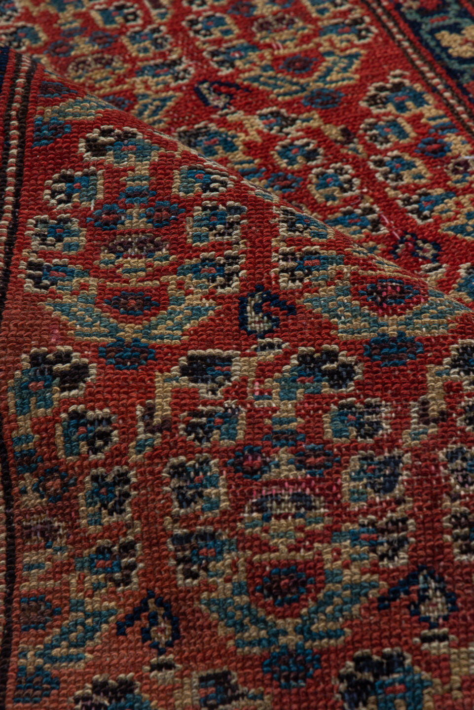 2' x 11' one-of-a-kind handmade vintage Malayer runner rug. Color palette: brown, off-white, pink, red, snow, white