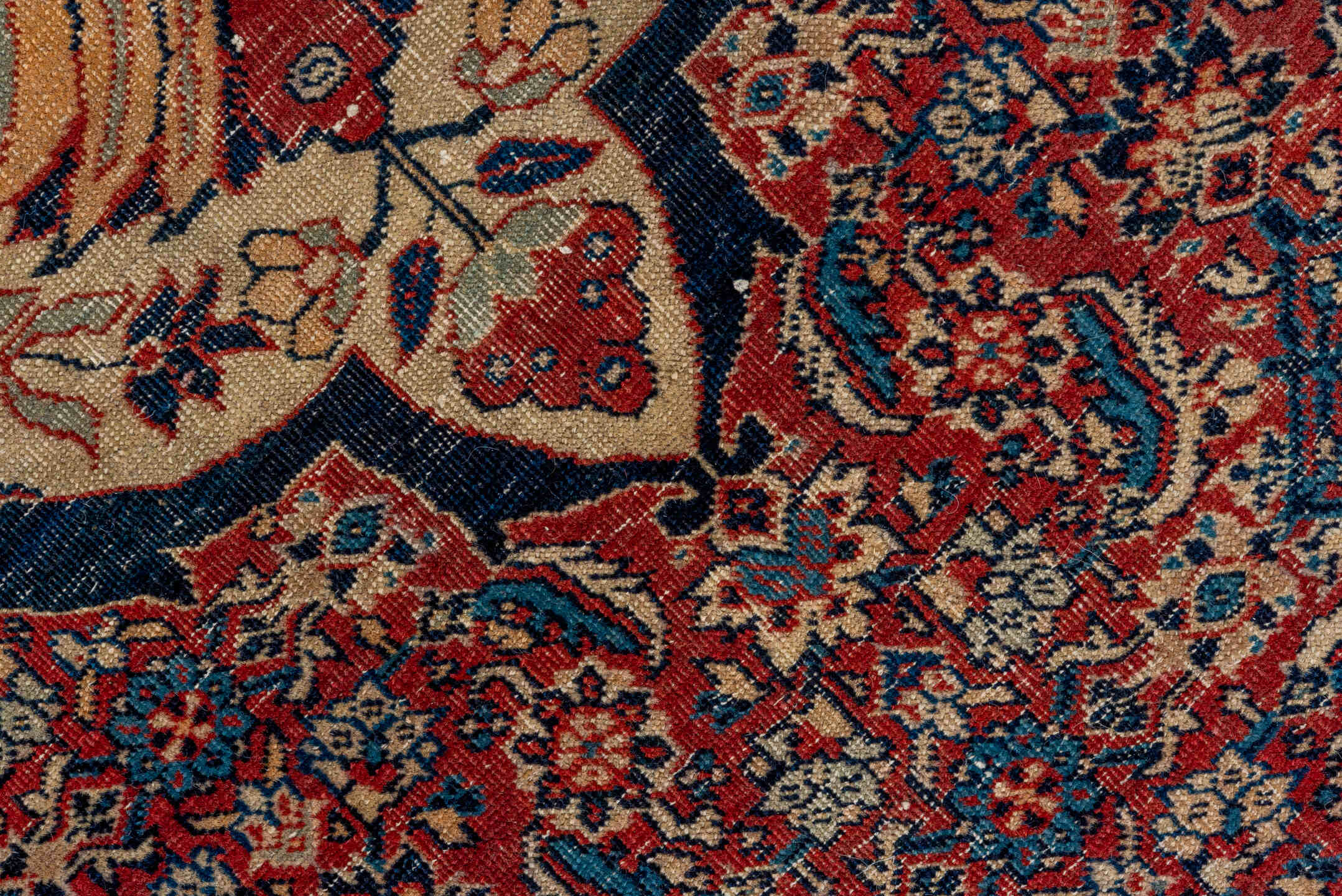 12' x 19' one-of-a-kind handmade antique Tabriz oversize rug. Color palette: navy, rust, ivory, terra cotta, indigo, camel