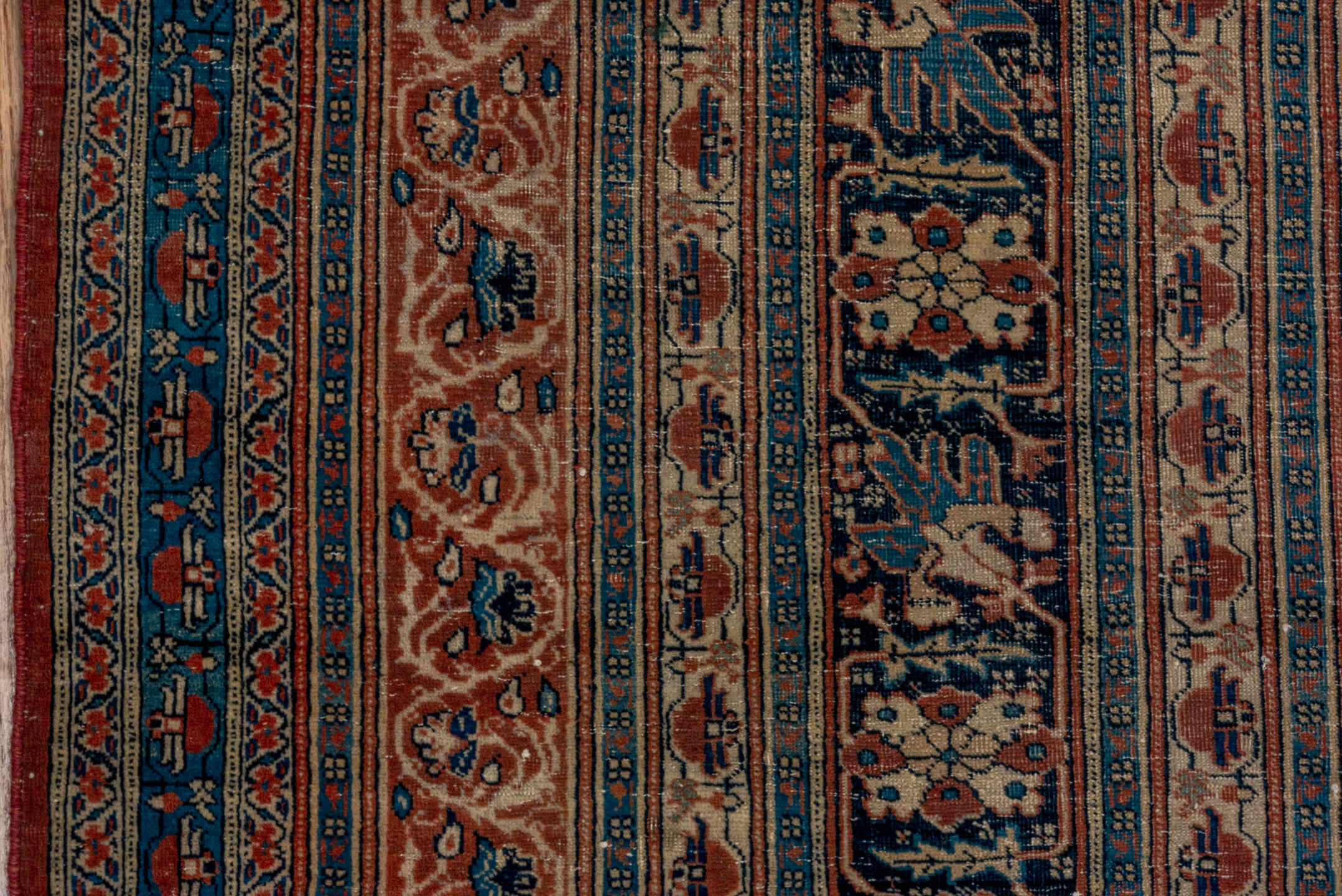 12' x 19' one-of-a-kind handmade antique Tabriz oversize rug. Color palette: navy, rust, ivory, terra cotta, indigo, camel