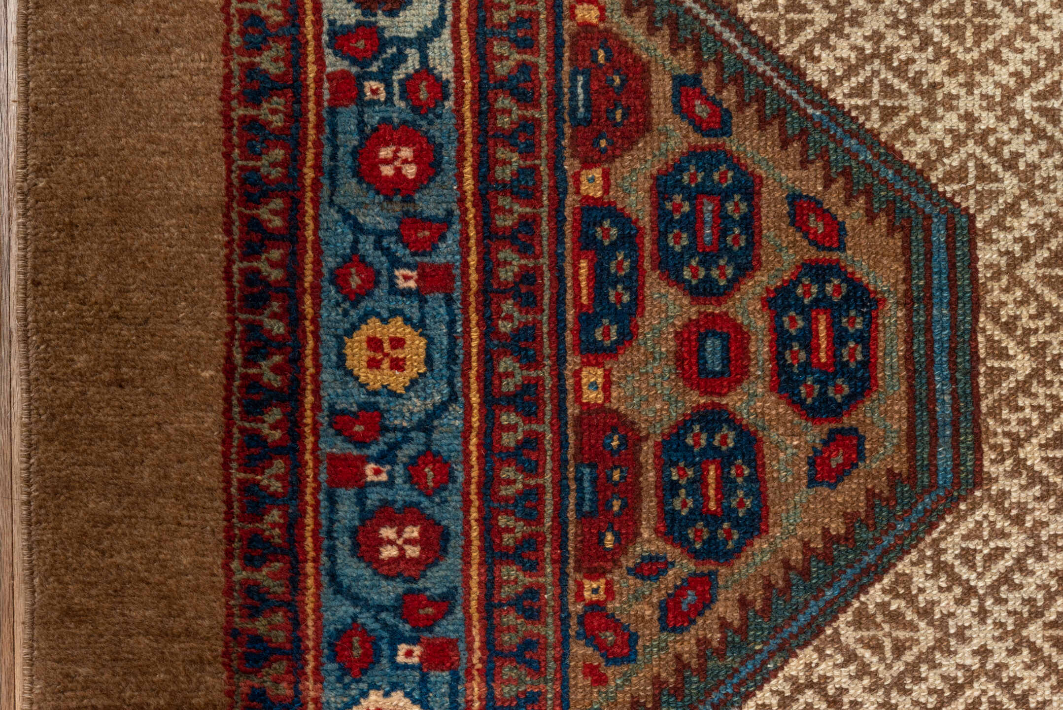 3' x 18' one-of-a-kind handmade antique Cam Hamadan runner rug. Color palette: ivory, camel, sky blue, rust, navy