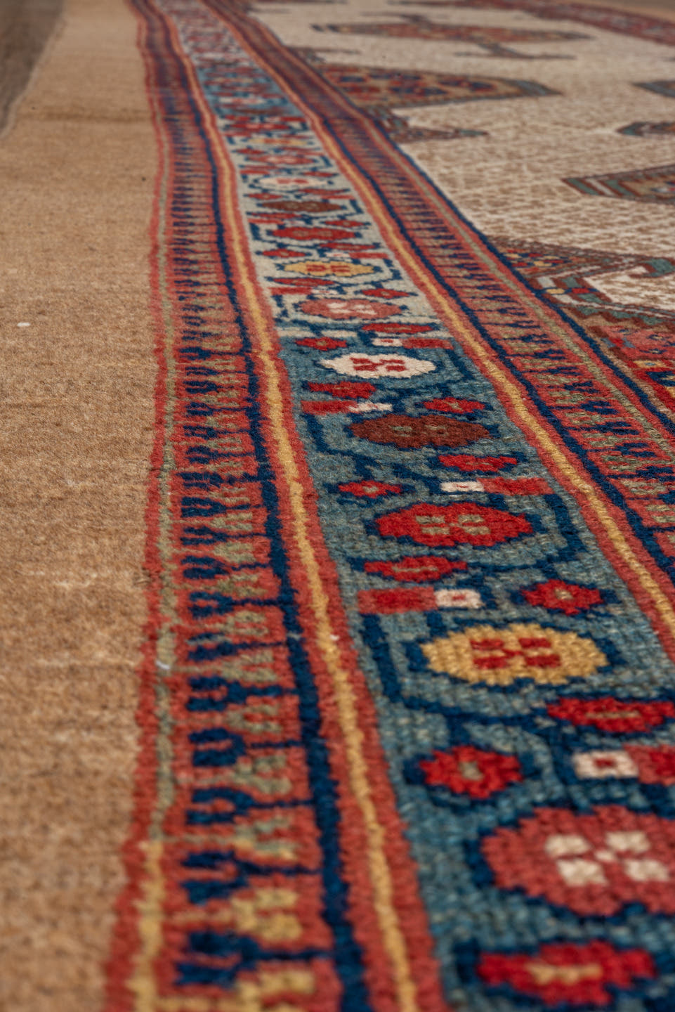 3' x 18' one-of-a-kind handmade antique Cam Hamadan runner rug. Color palette: ivory, camel, sky blue, rust, navy