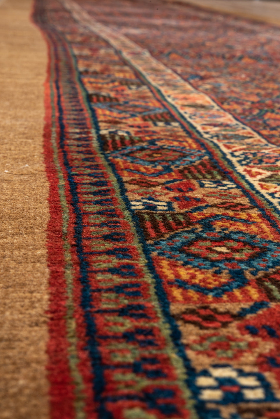 3' x 16' one-of-a-kind handmade vintage Cam Hamadan runner rug. Color palette: blue, brown, gray, off-white, pink, red, snow