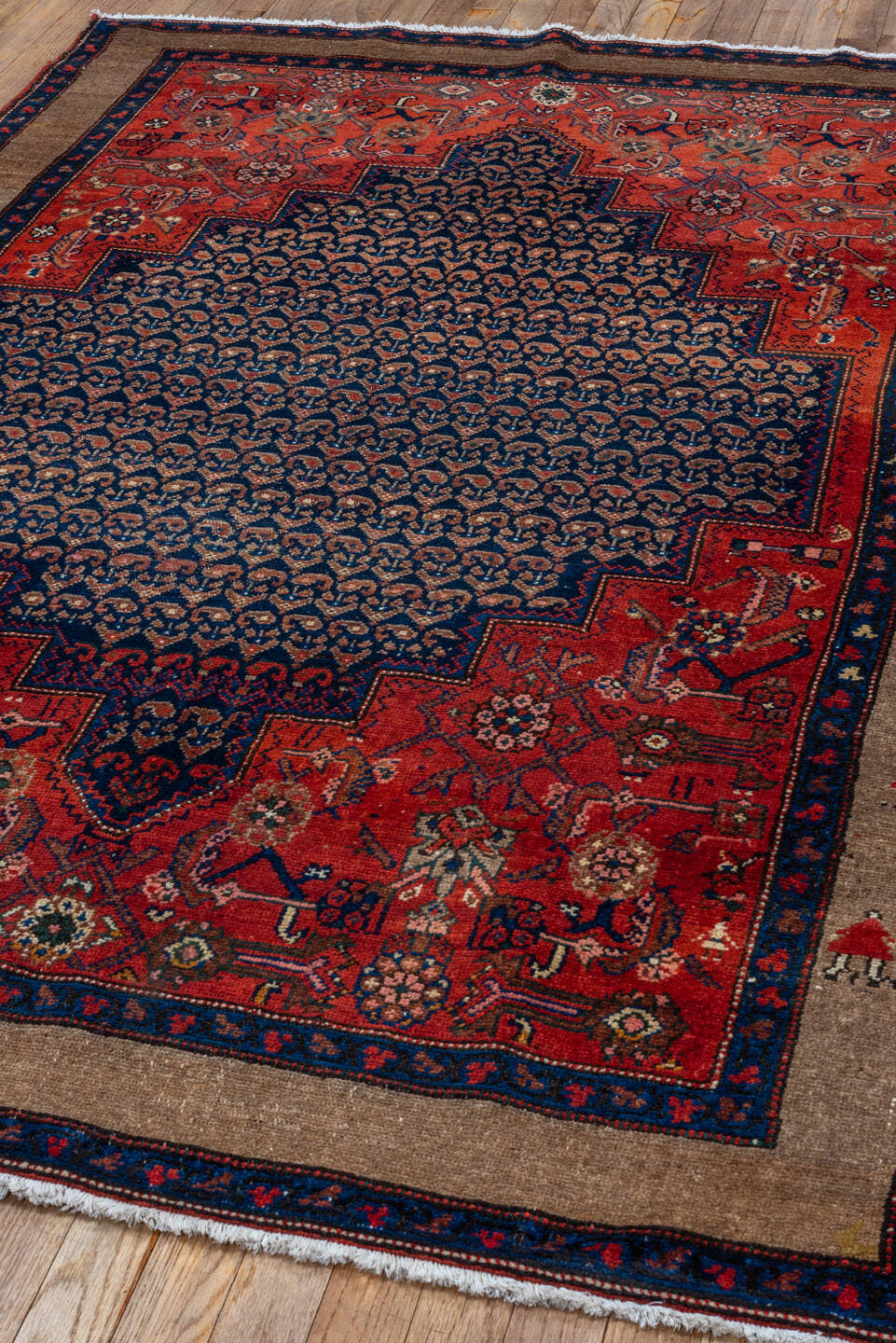 4' x 7' one-of-a-kind handmade antique Hamadan rug. Color palette: rust, indigo, taupe, ivory, crimson, navy, camel