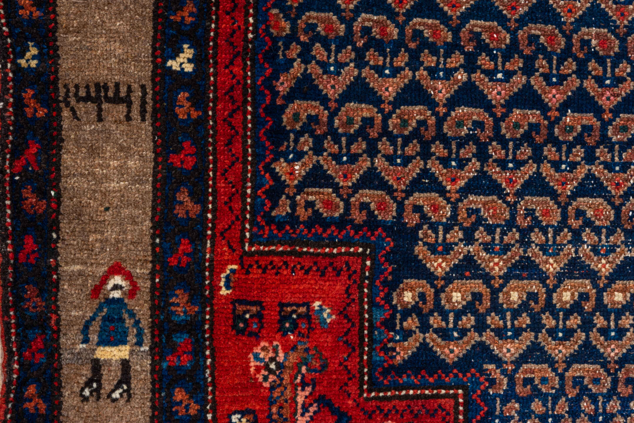 4' x 7' one-of-a-kind handmade antique Hamadan rug. Color palette: rust, indigo, taupe, ivory, crimson, navy, camel